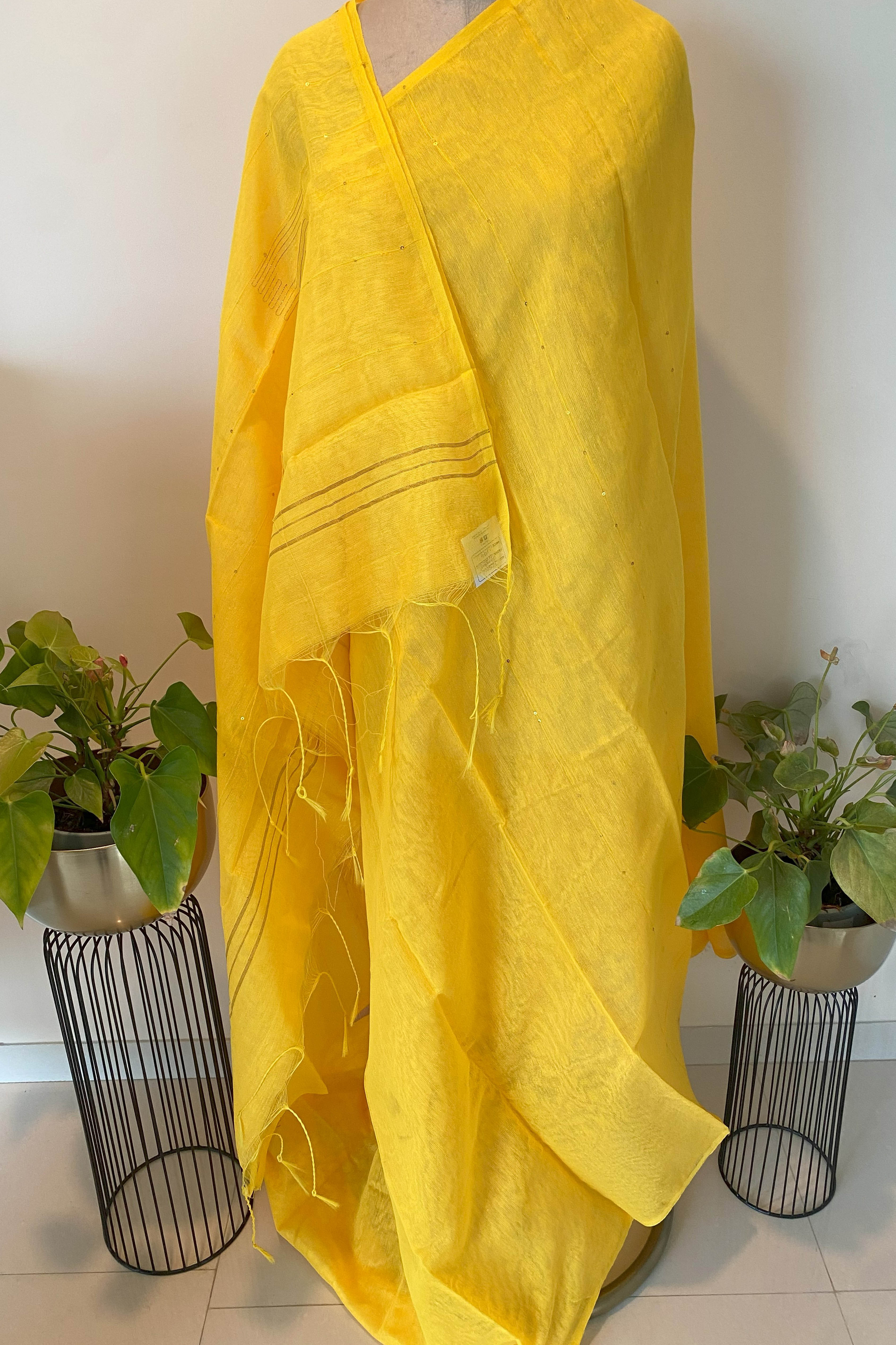 Cotton Yellow Saree with Sequins - Indian Handloomz