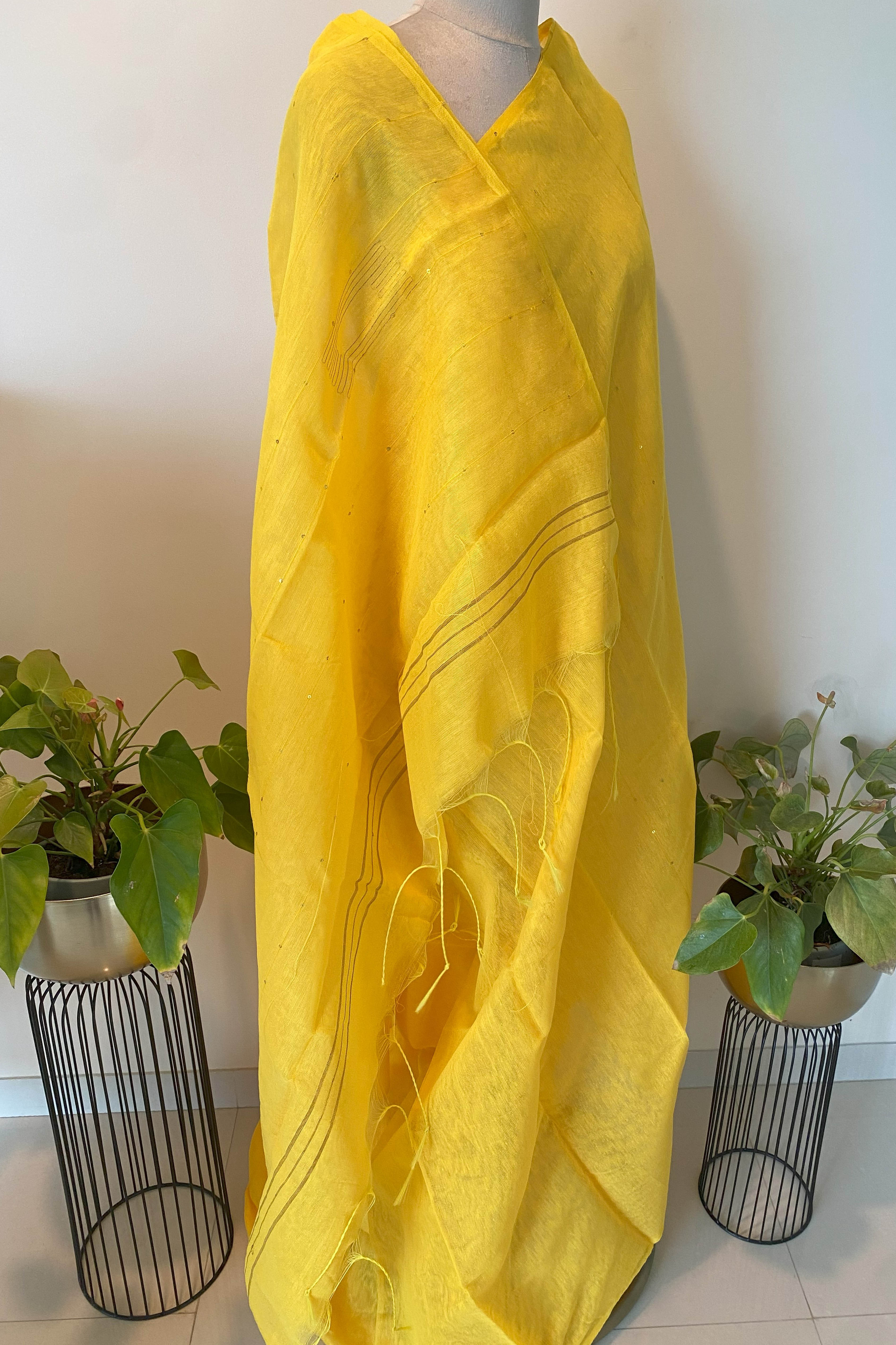 Cotton Yellow Saree with Sequins - Indian Handloomz