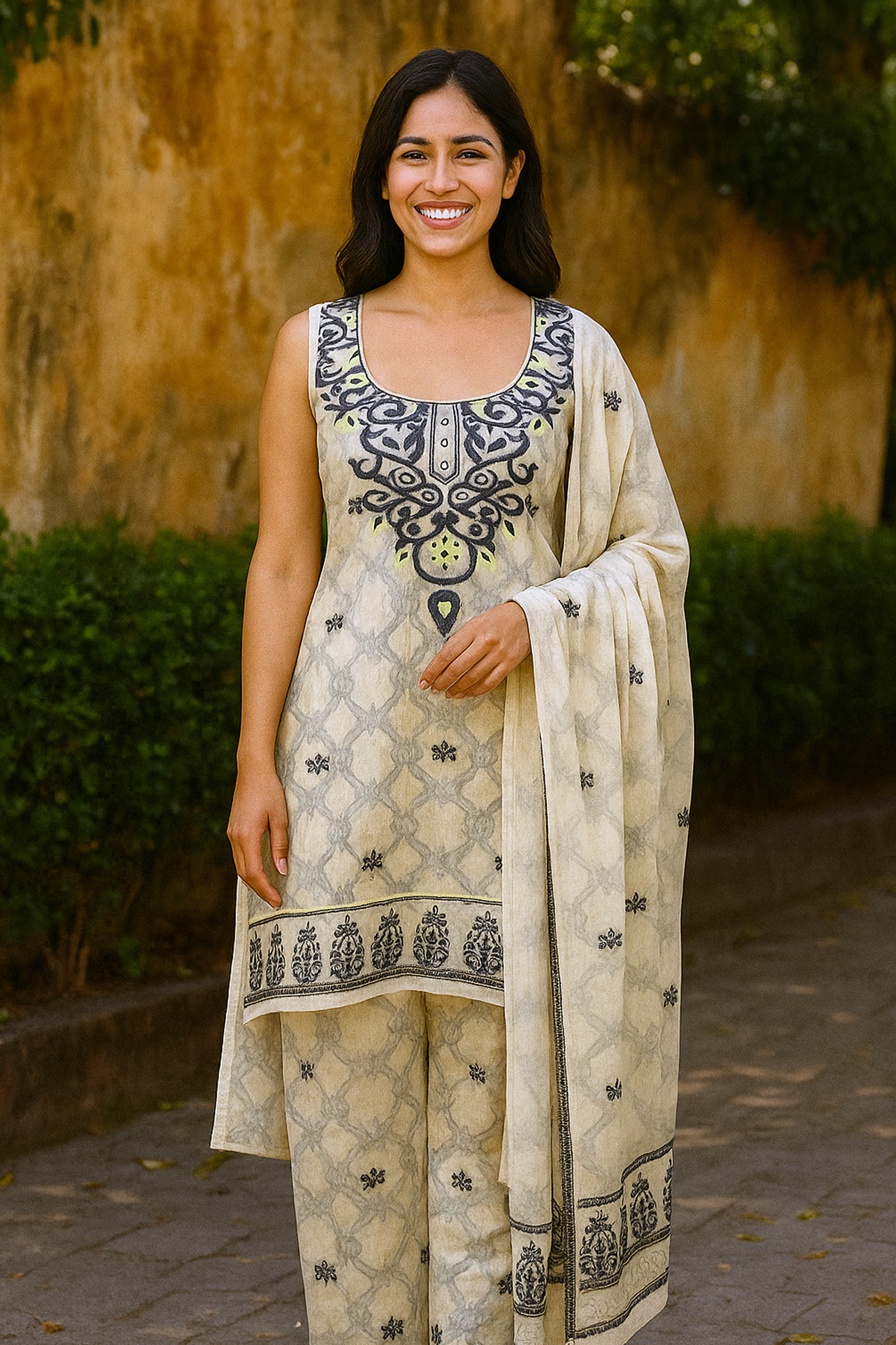Cotton Silk Unstitched Suit Set in Green with Off-white
