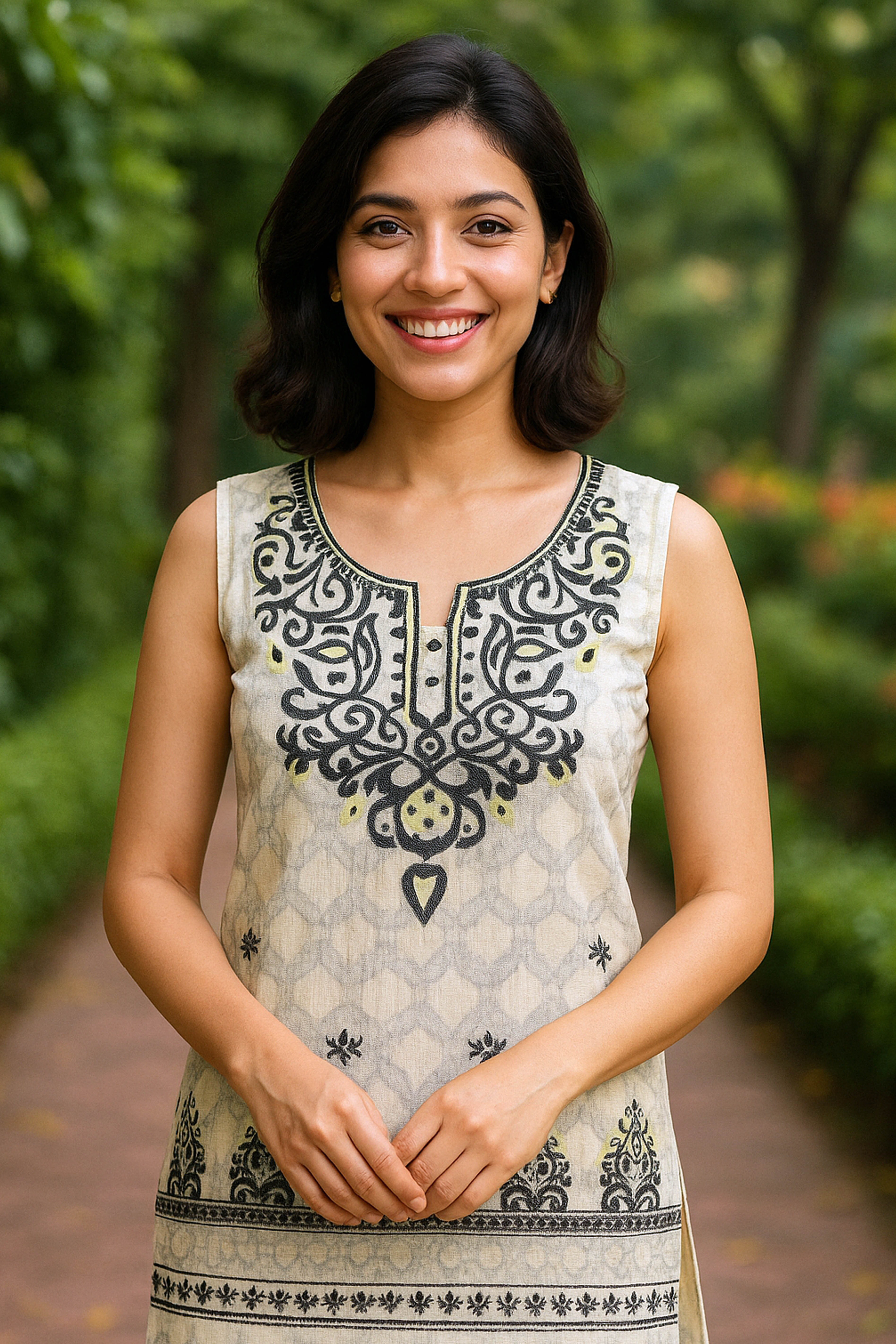 Cotton Silk Unstitched Suit Set in Green with Off-white