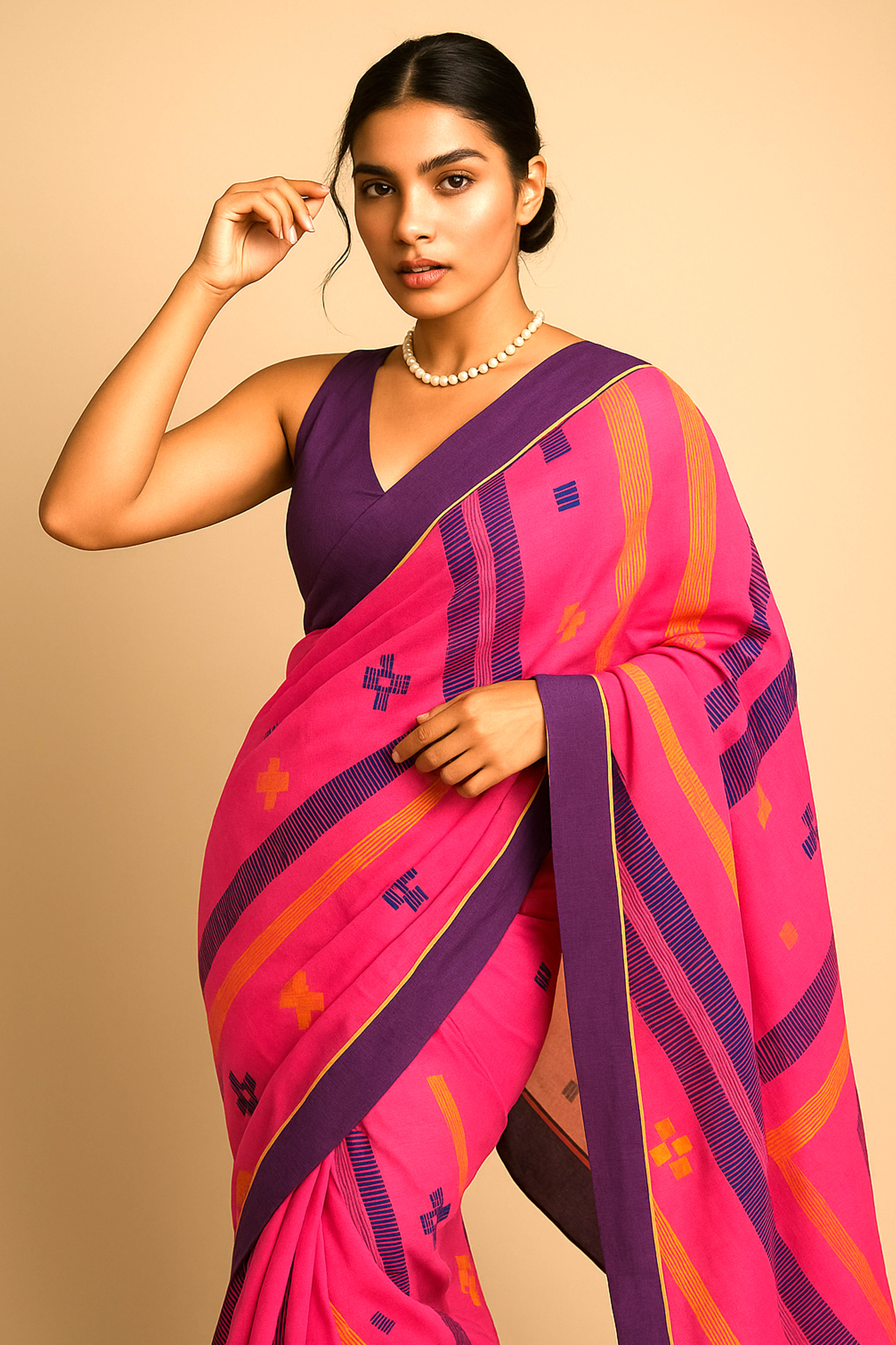 Dark Pink Jamdani Cotton Saree - Indian Handloomz