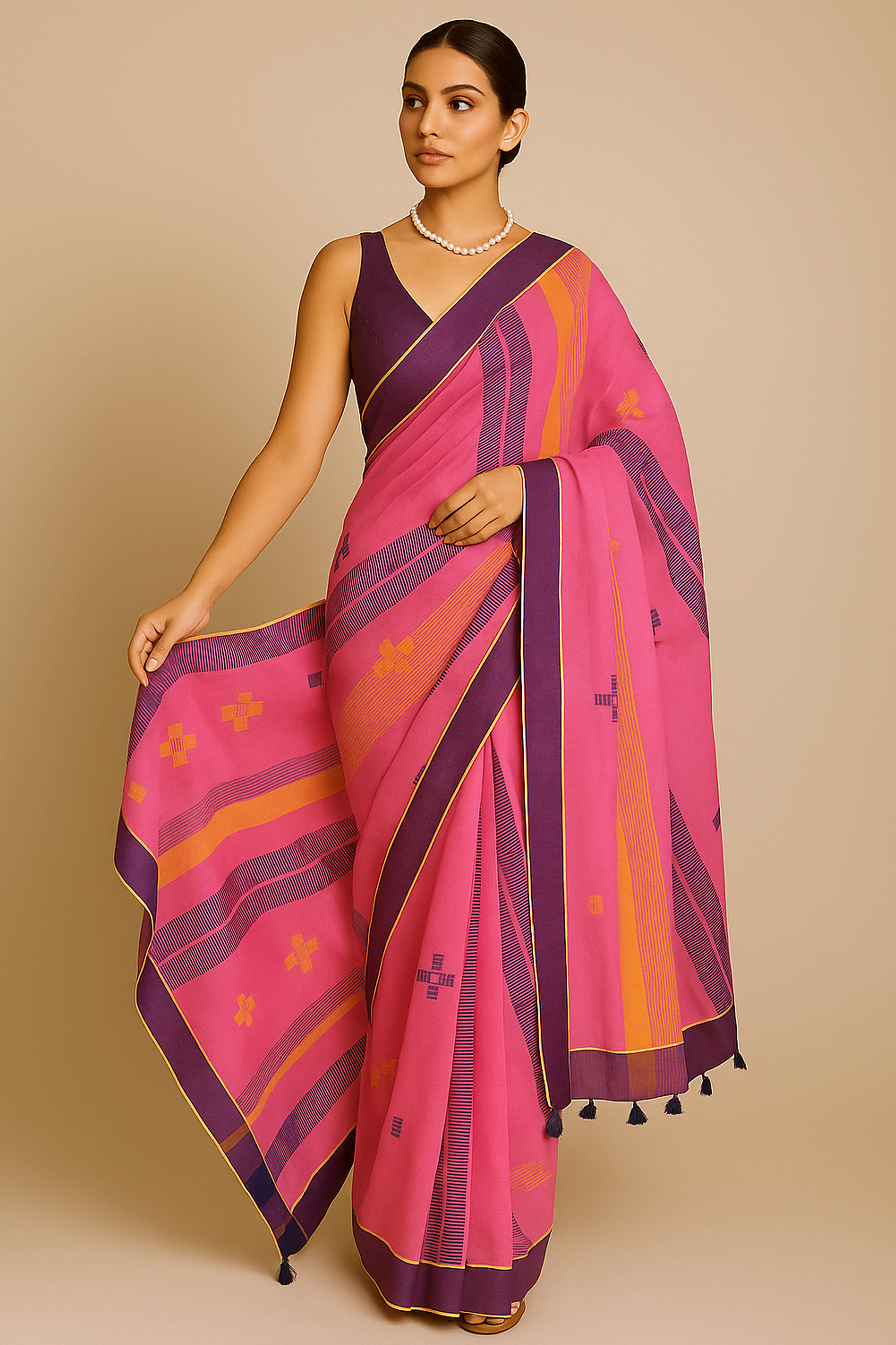 Dark Pink Jamdani Cotton Saree - Indian Handloomz