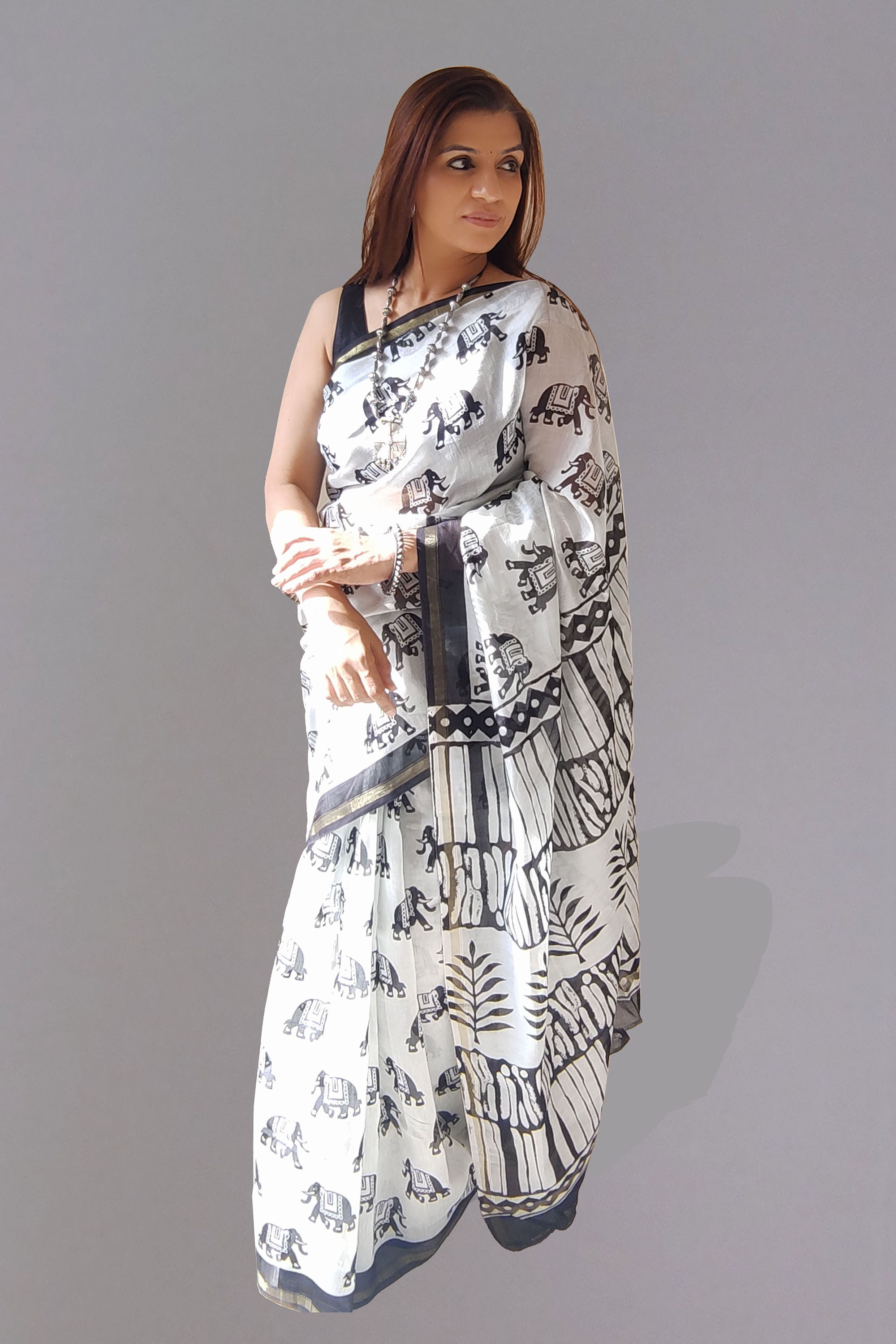 Vedika Handblock Printed Chanderi Silk Cotton Saree in Black & White