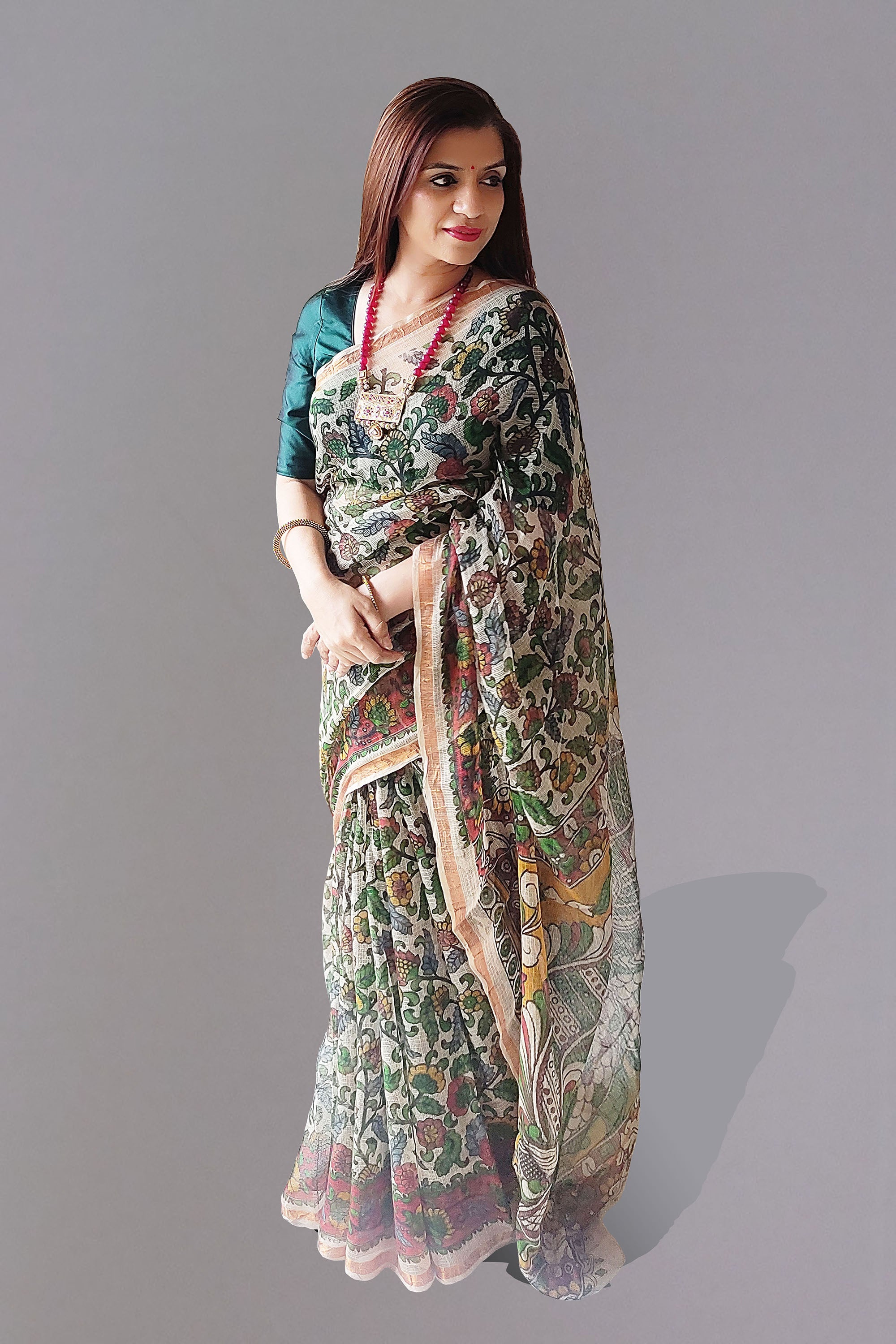 Prisha Kalamkari Saree Handblock Printed in Multicolour with Hues of Beige, Red, Green & Yellow