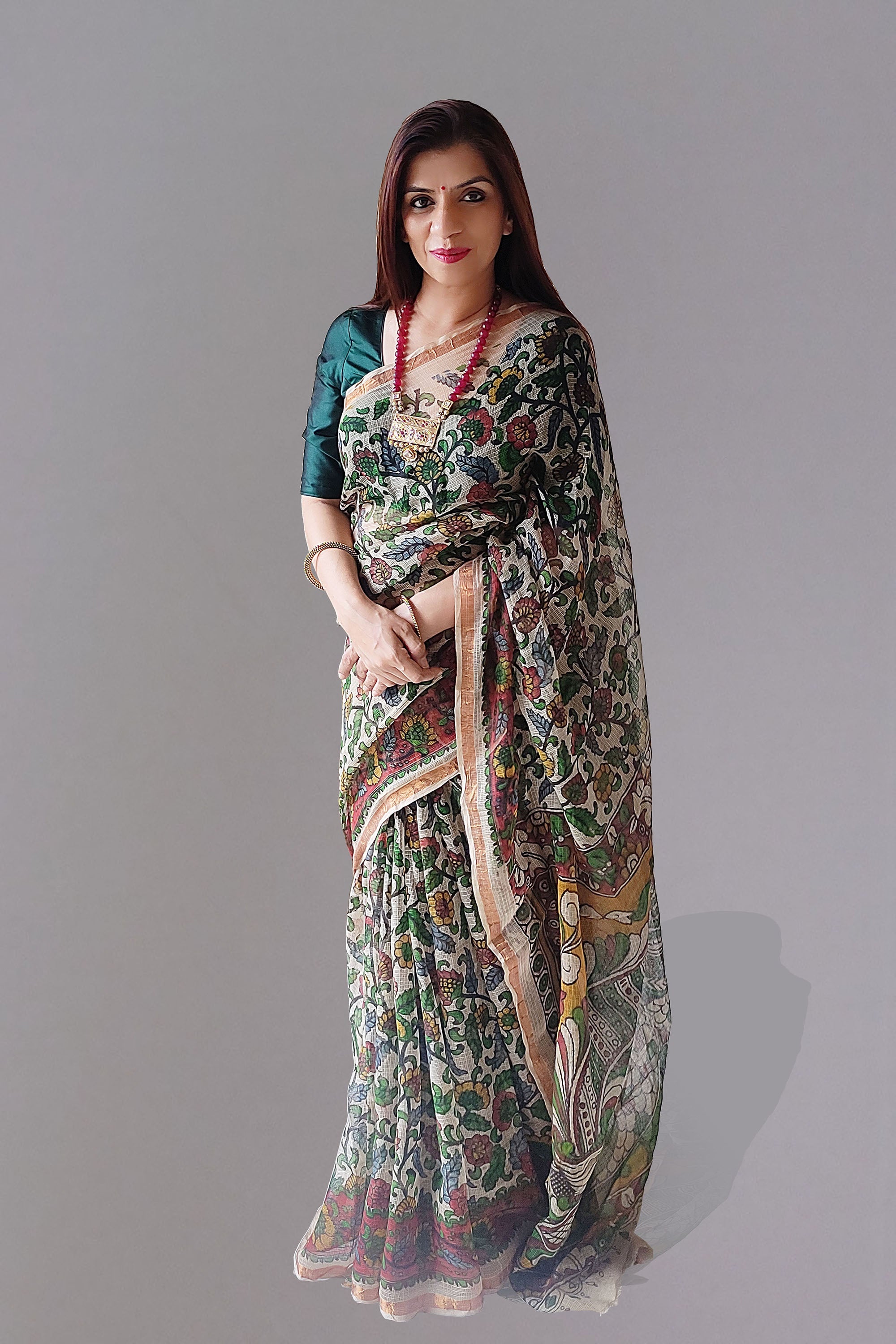 Prisha Kalamkari Saree Handblock Printed in Multicolour with Hues of Beige, Red, Green & Yellow