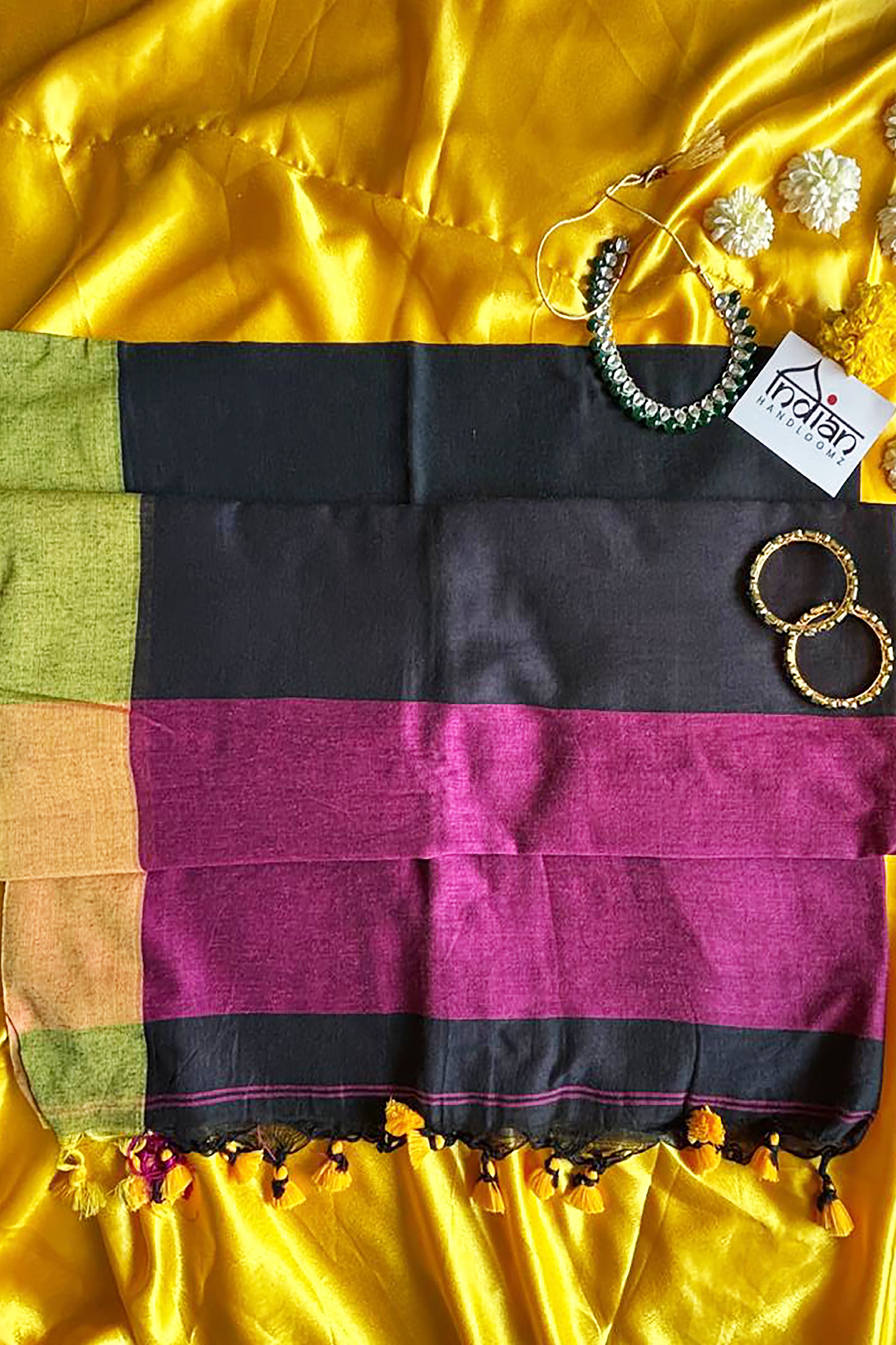 Neelima Pure Handwoven Khadi Cotton Saree in Deep Black Body with Green & Pink Borders