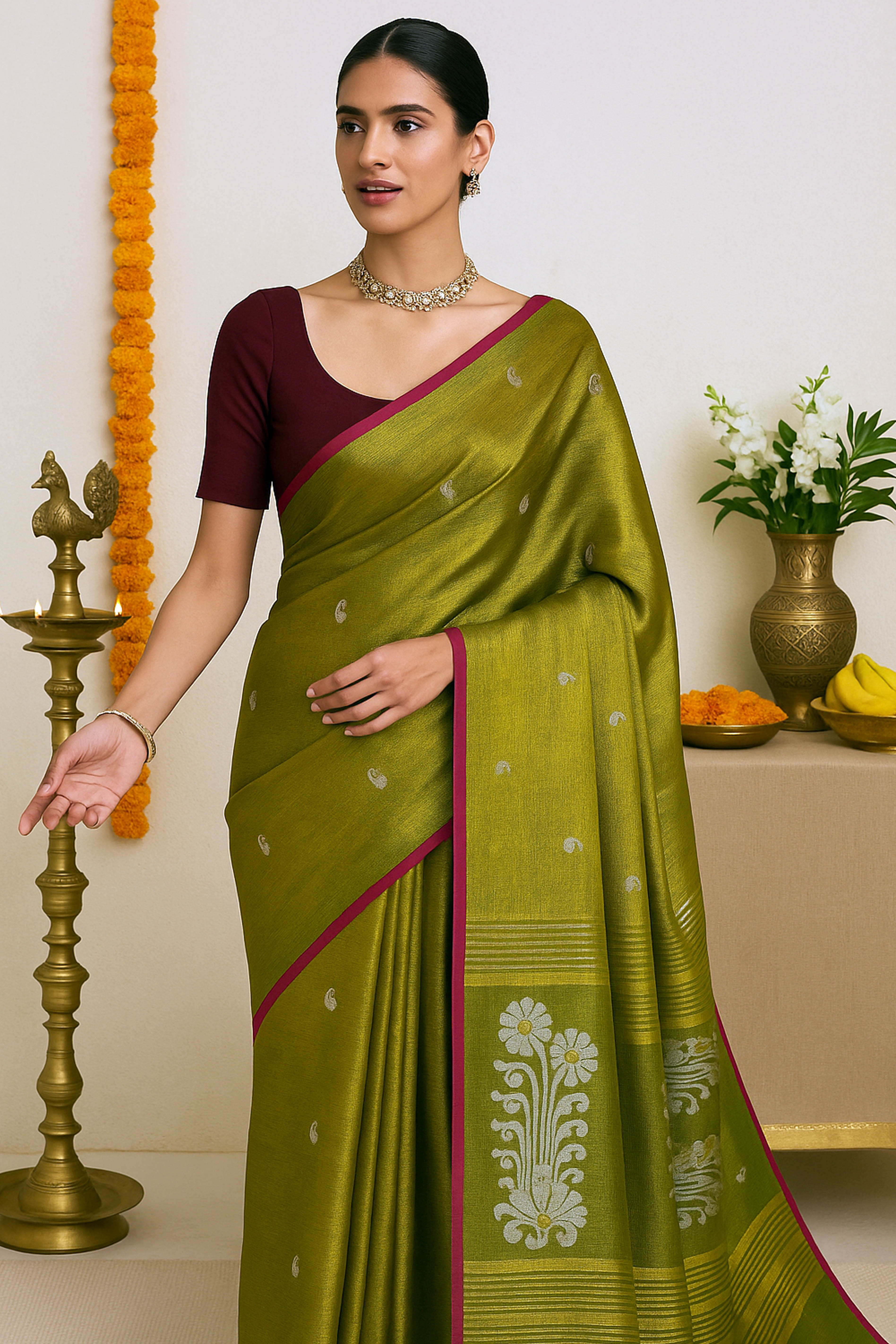 Green Tissue Linen Jamdani Saree - Indian Handloomz