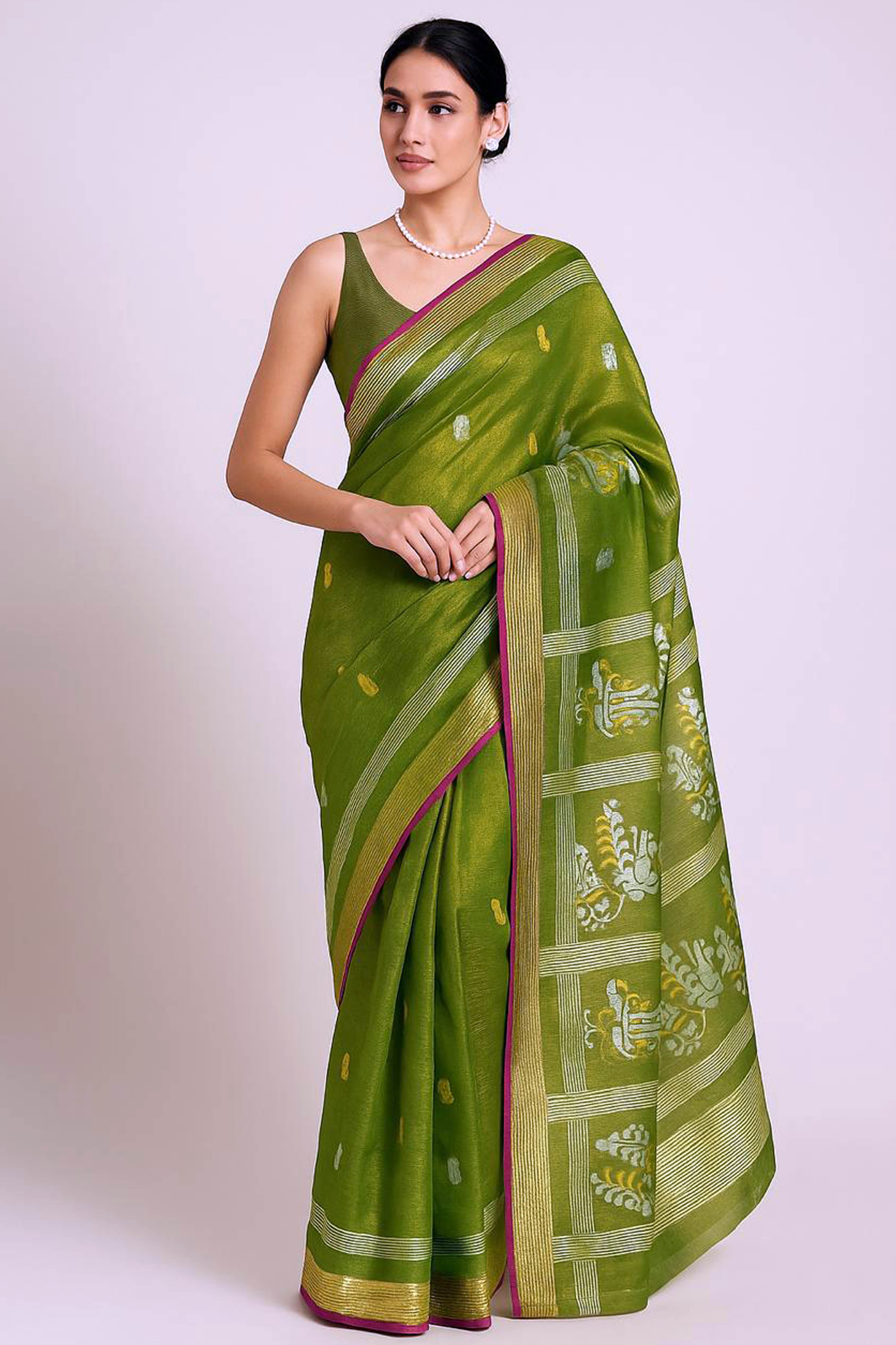 Green Tissue Linen Jamdani Saree - Indian Handloomz