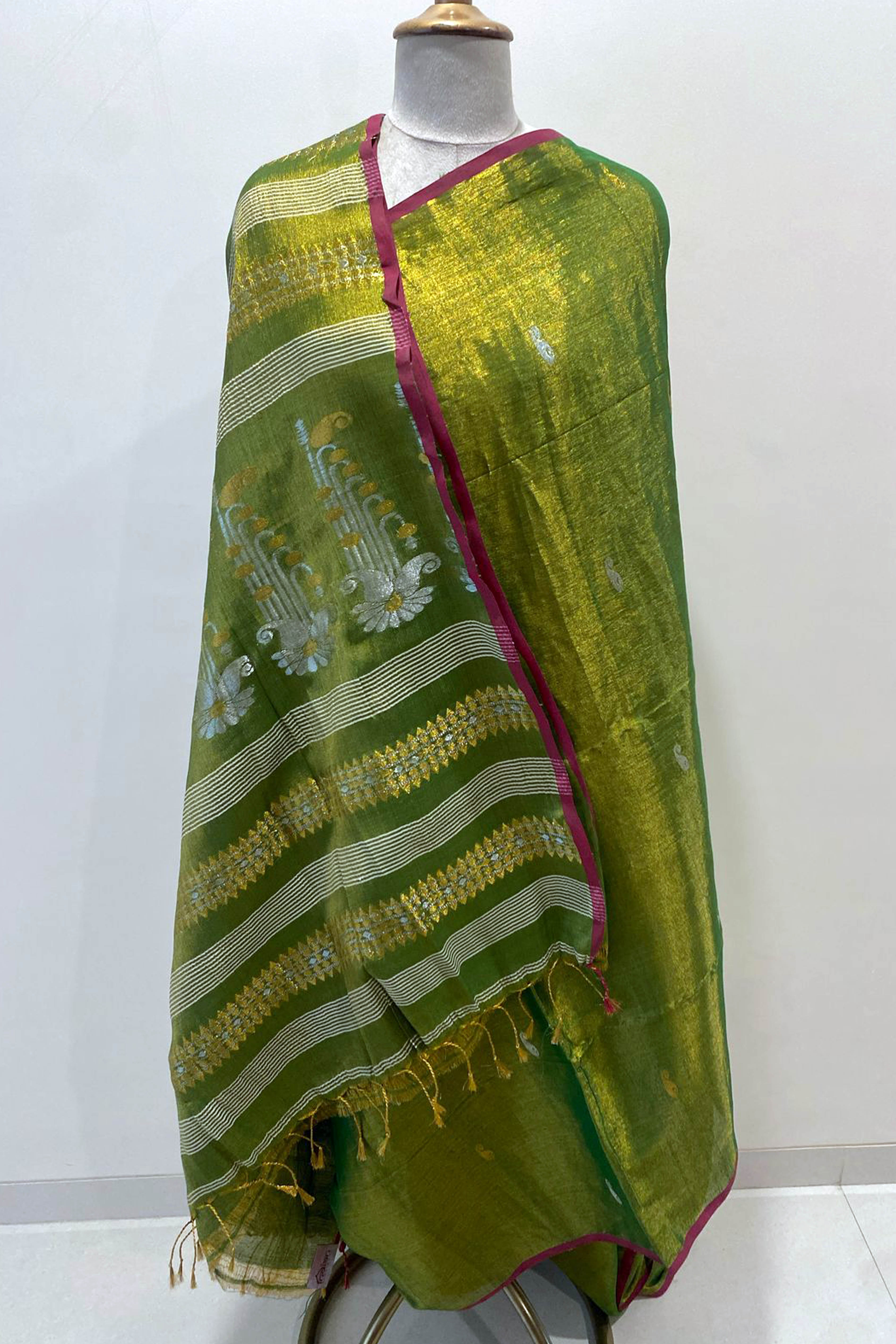 Green Tissue Linen Jamdani Saree - Indian Handloomz