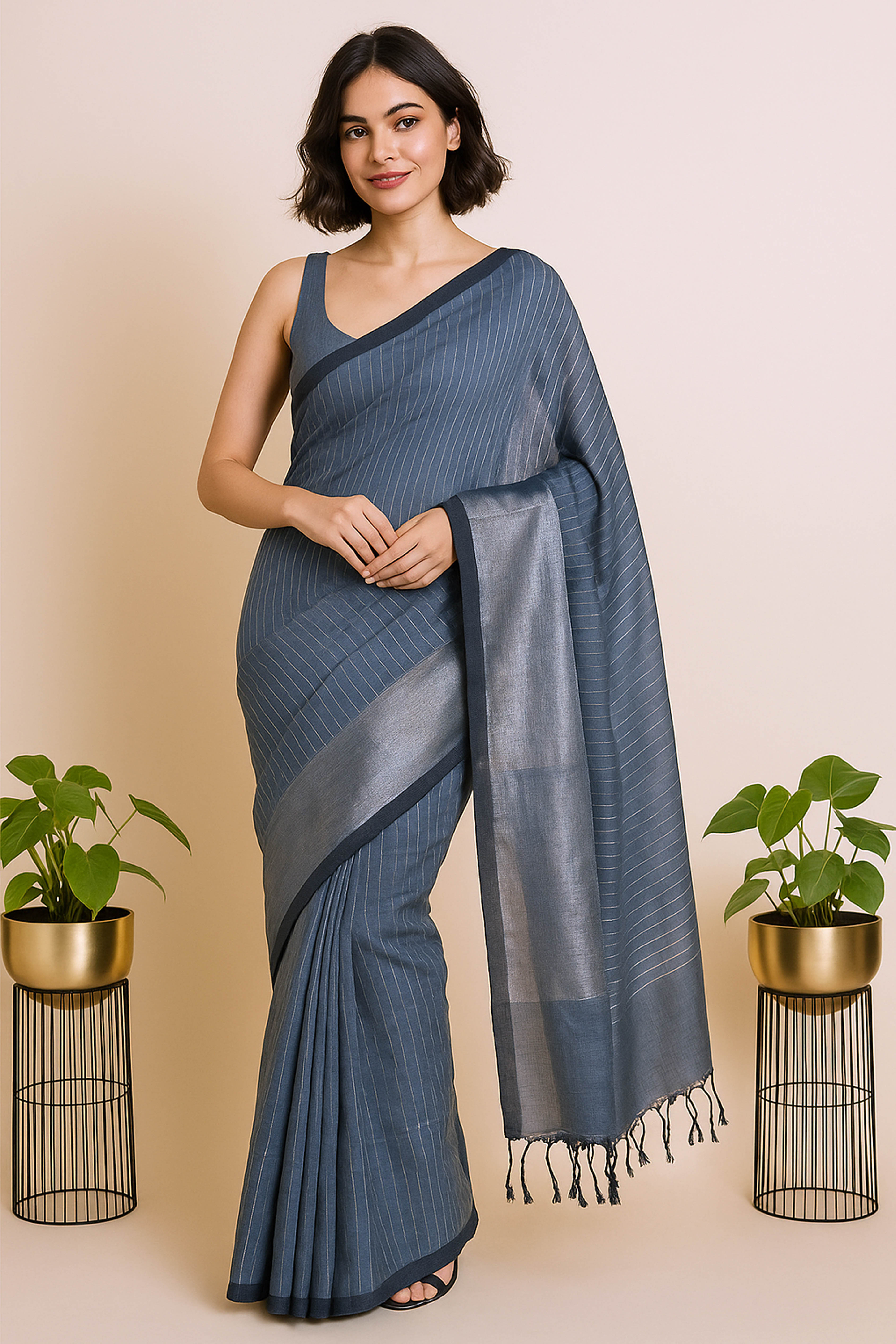 Grey & Silver Jamdani Cotton Saree - Indian Handloomz