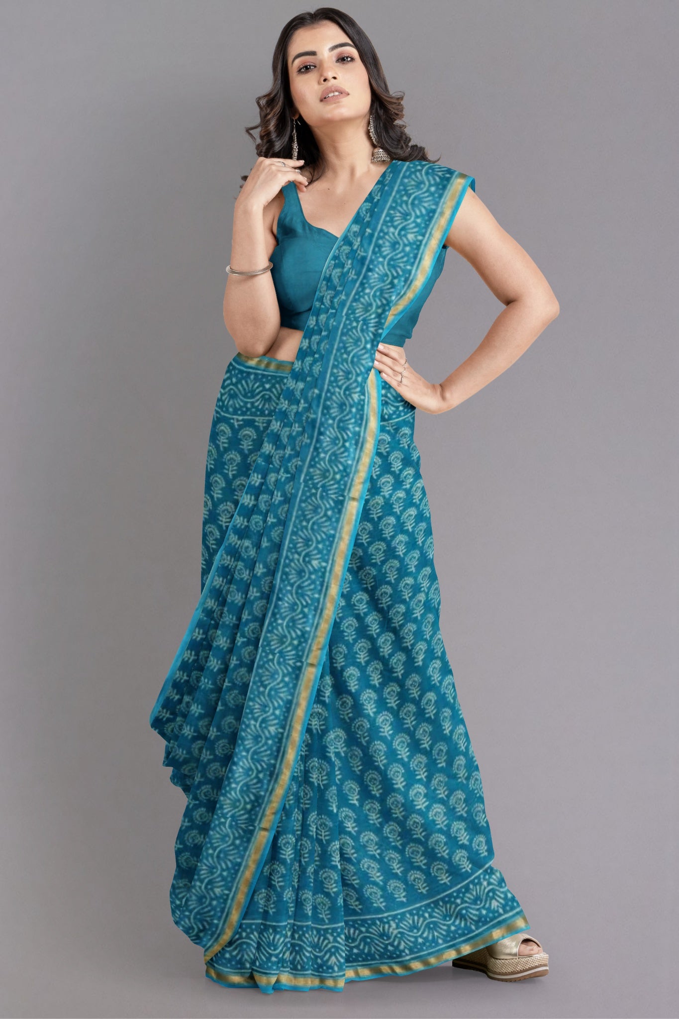 Swara Handblock Printed Chanderi Silk Cotton Saree in Aqua Blue & White