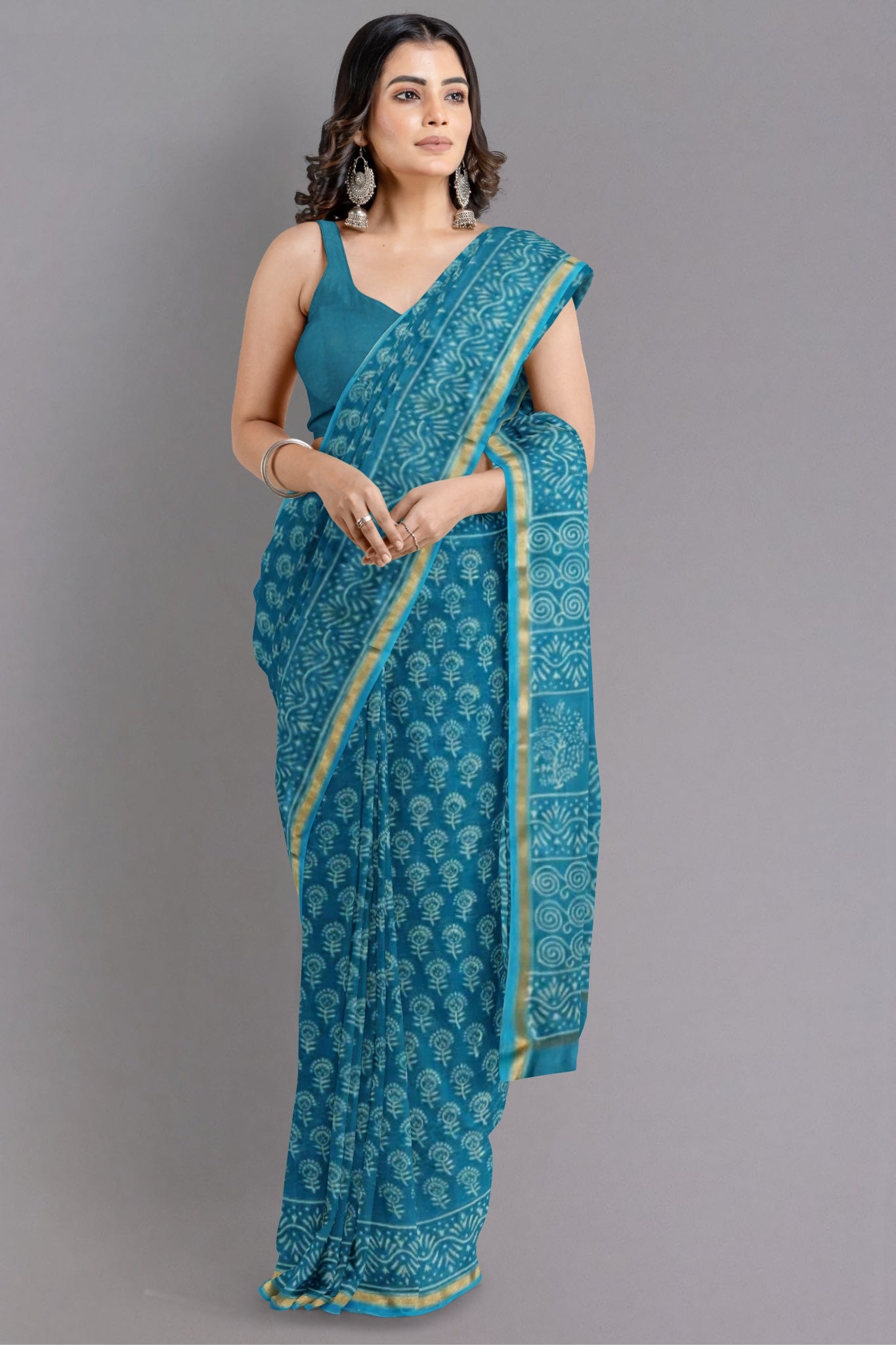 Swara Handblock Printed Chanderi Silk Cotton Saree in Aqua Blue & White