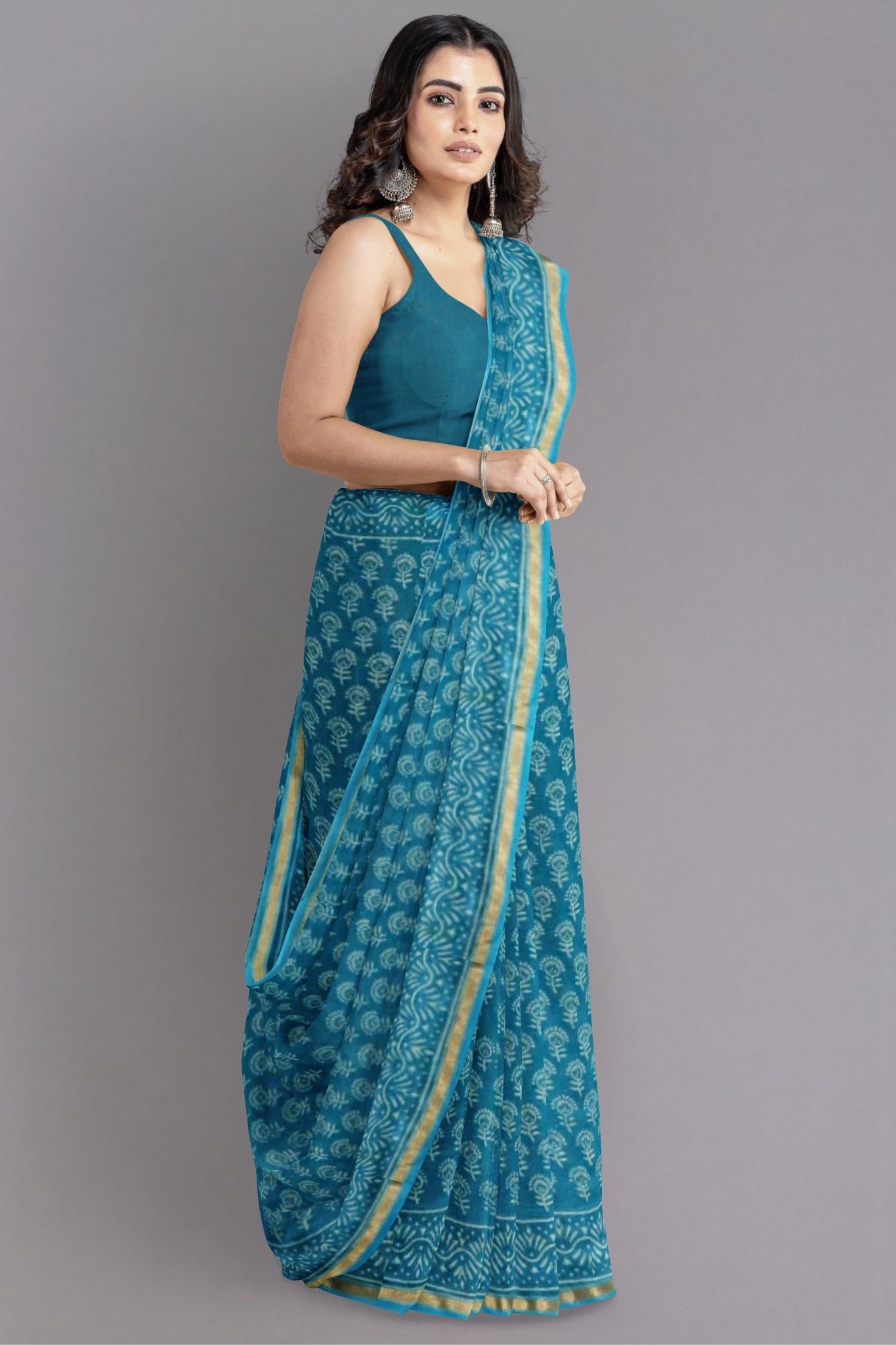 Swara Handblock Printed Chanderi Silk Cotton Saree in Aqua Blue & White