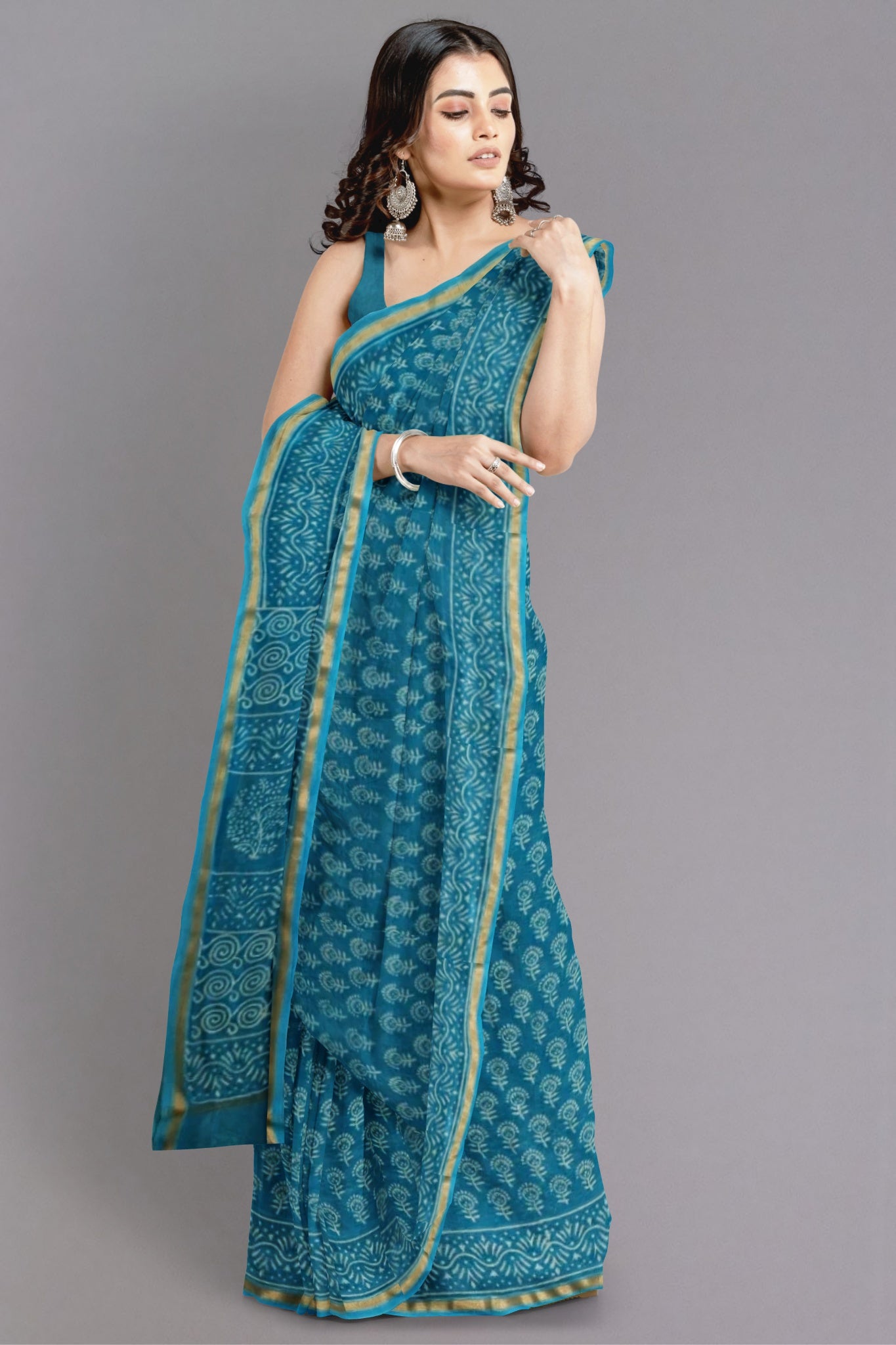 Swara Handblock Printed Chanderi Silk Cotton Saree in Aqua Blue & White