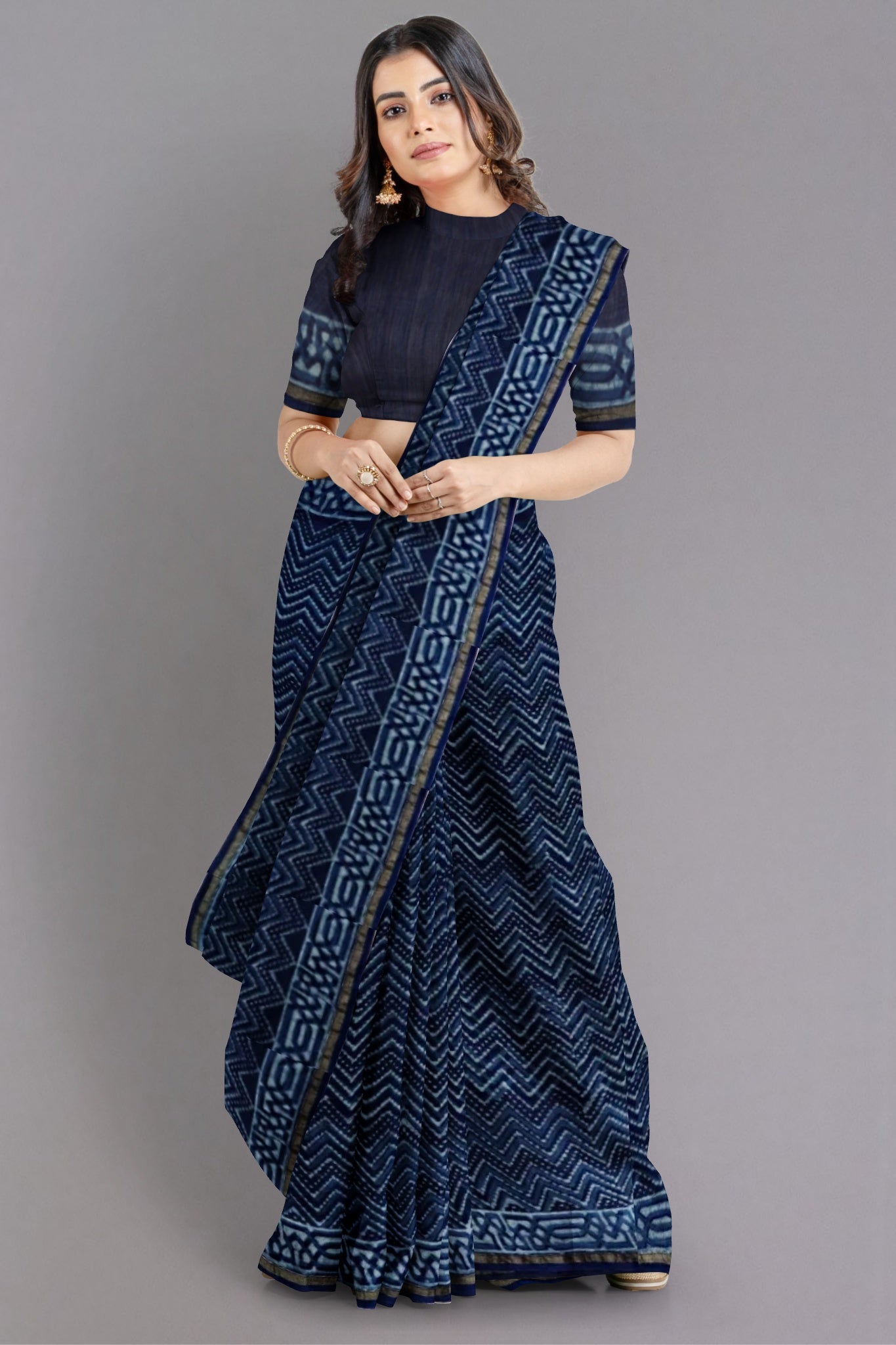 Nyra Chanderi Silk Cotton Saree Handblock Printed in Dark Indigo Blue & White Colour with Zari Border - Indian Handloomz