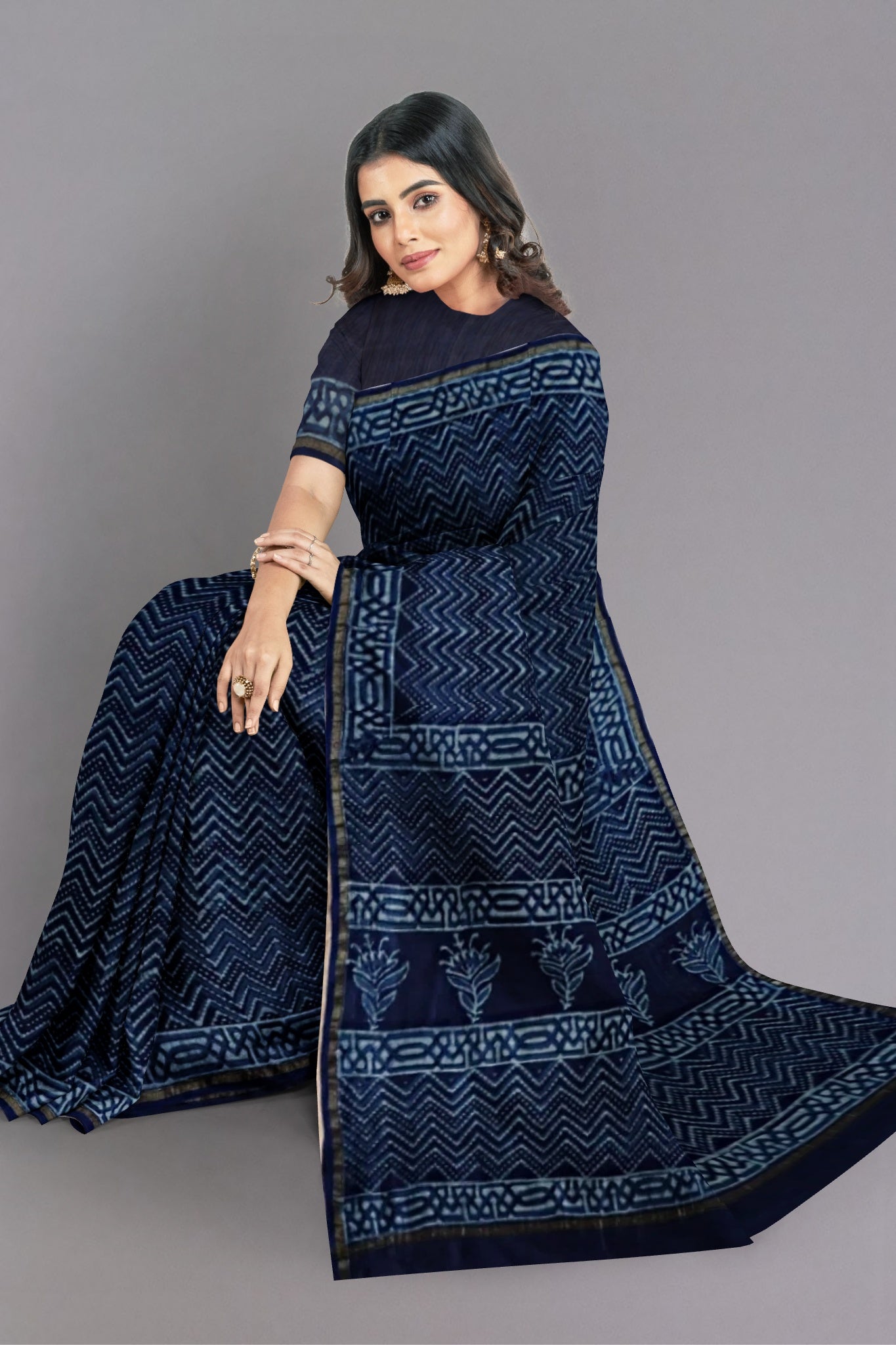 Nyra Chanderi Silk Cotton Saree Handblock Printed in Dark Indigo Blue & White Colour with Zari Border - Indian Handloomz