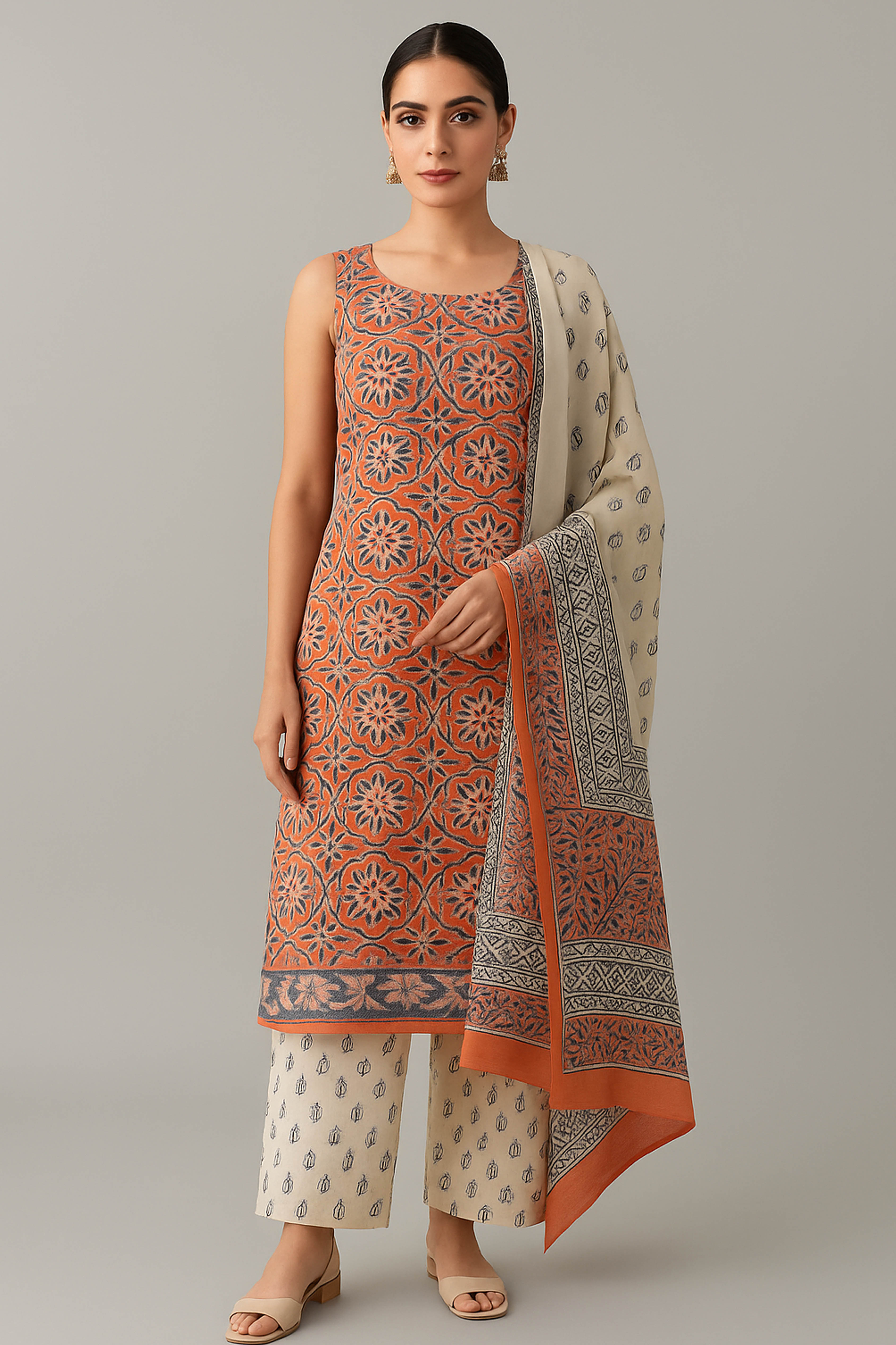 Hansa Chanderi Cotton Silk Unstitched Suit Set, Handblock Print in Pinkish Peach with Blue & White Motifs - Indian Handloomz