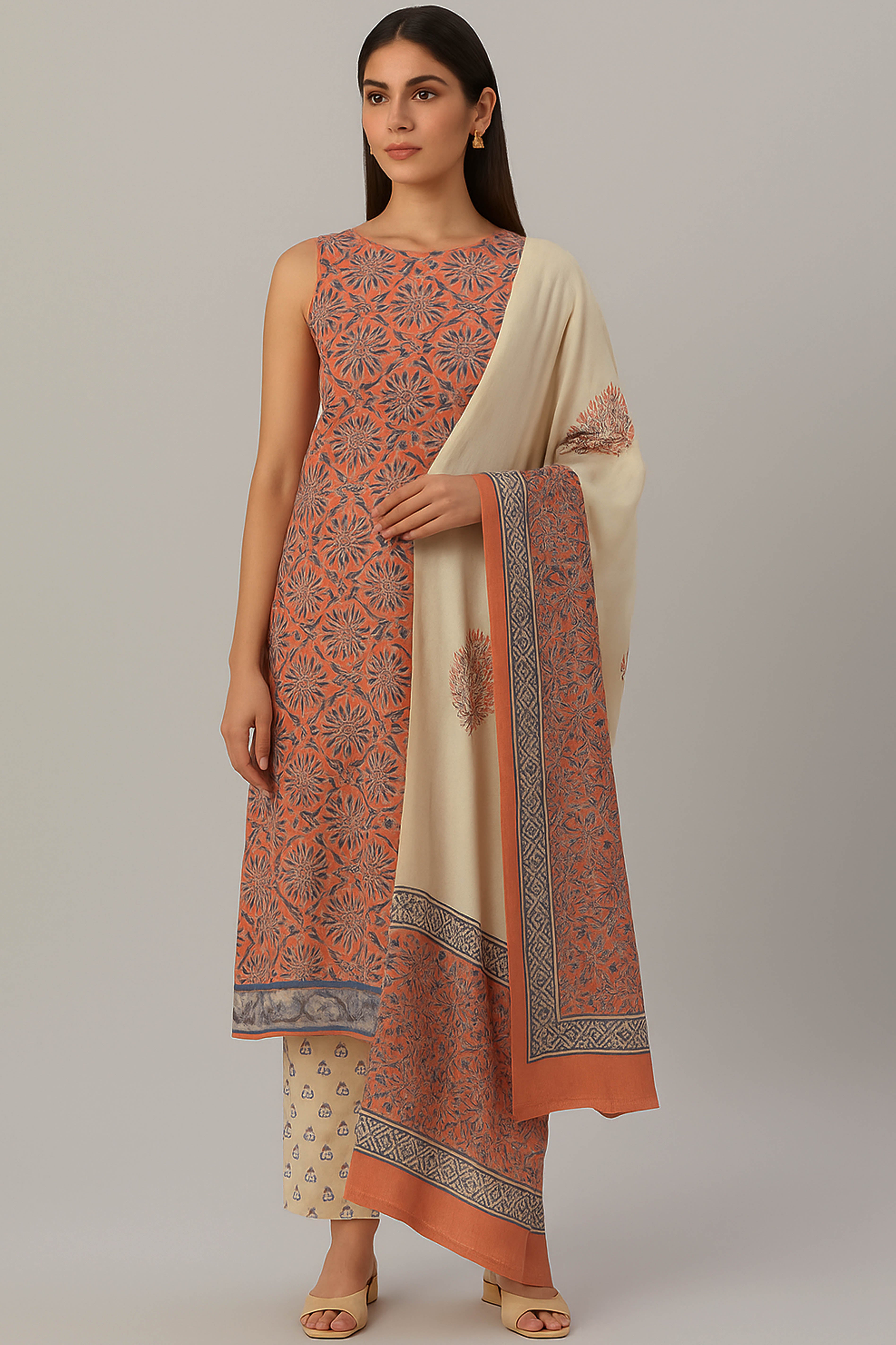 Hansa Chanderi Cotton Silk Unstitched Suit Set, Handblock Print in Pinkish Peach with Blue & White Motifs - Indian Handloomz