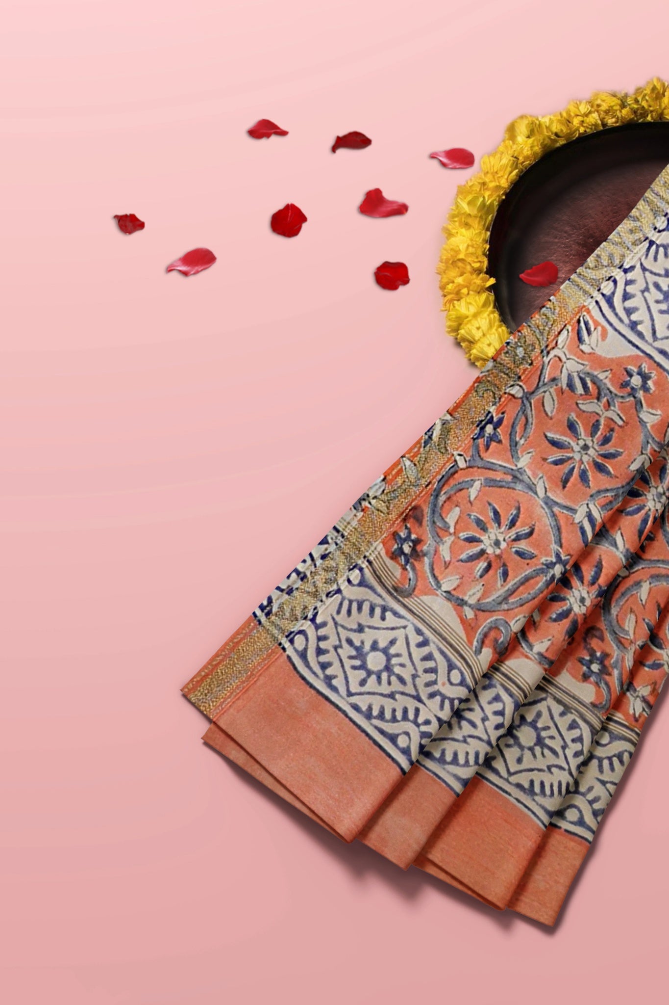 Hansa Chanderi Cotton Silk Unstitched Suit Set, Handblock Print in Pinkish Peach with Blue & White Motifs - Indian Handloomz