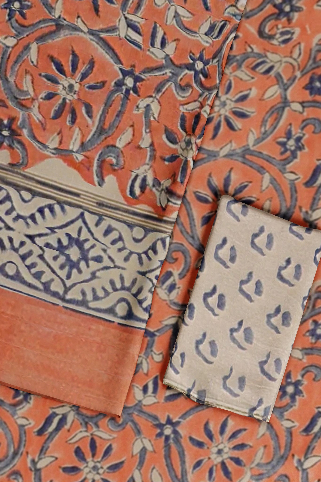 Hansa Chanderi Cotton Silk Unstitched Suit Set, Handblock Print in Pinkish Peach with Blue & White Motifs - Indian Handloomz