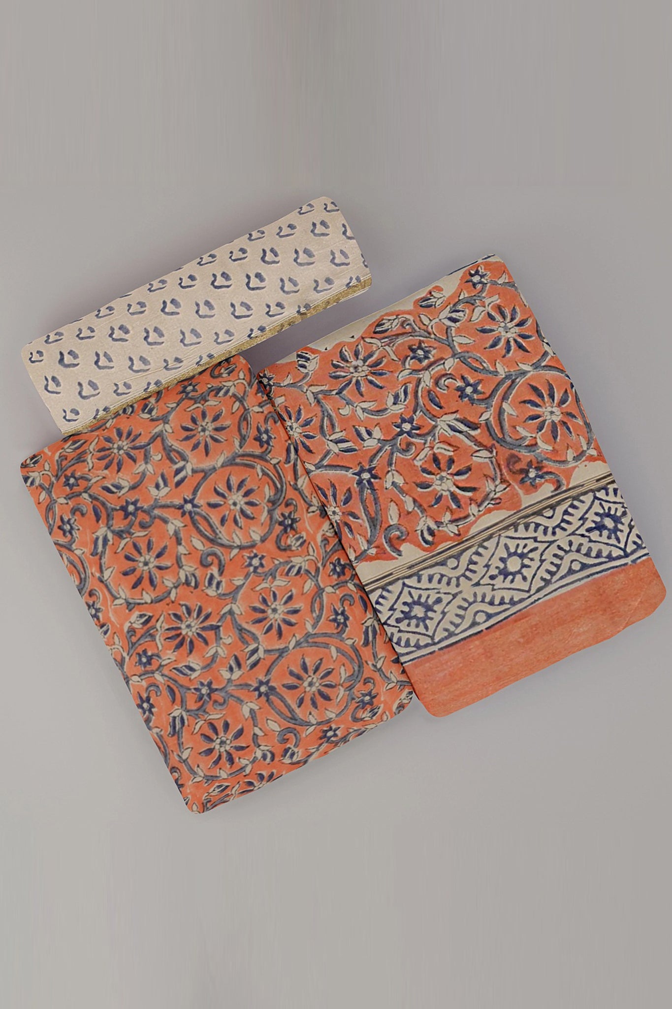 Hansa Chanderi Cotton Silk Unstitched Suit Set, Handblock Print in Pinkish Peach with Blue & White Motifs - Indian Handloomz