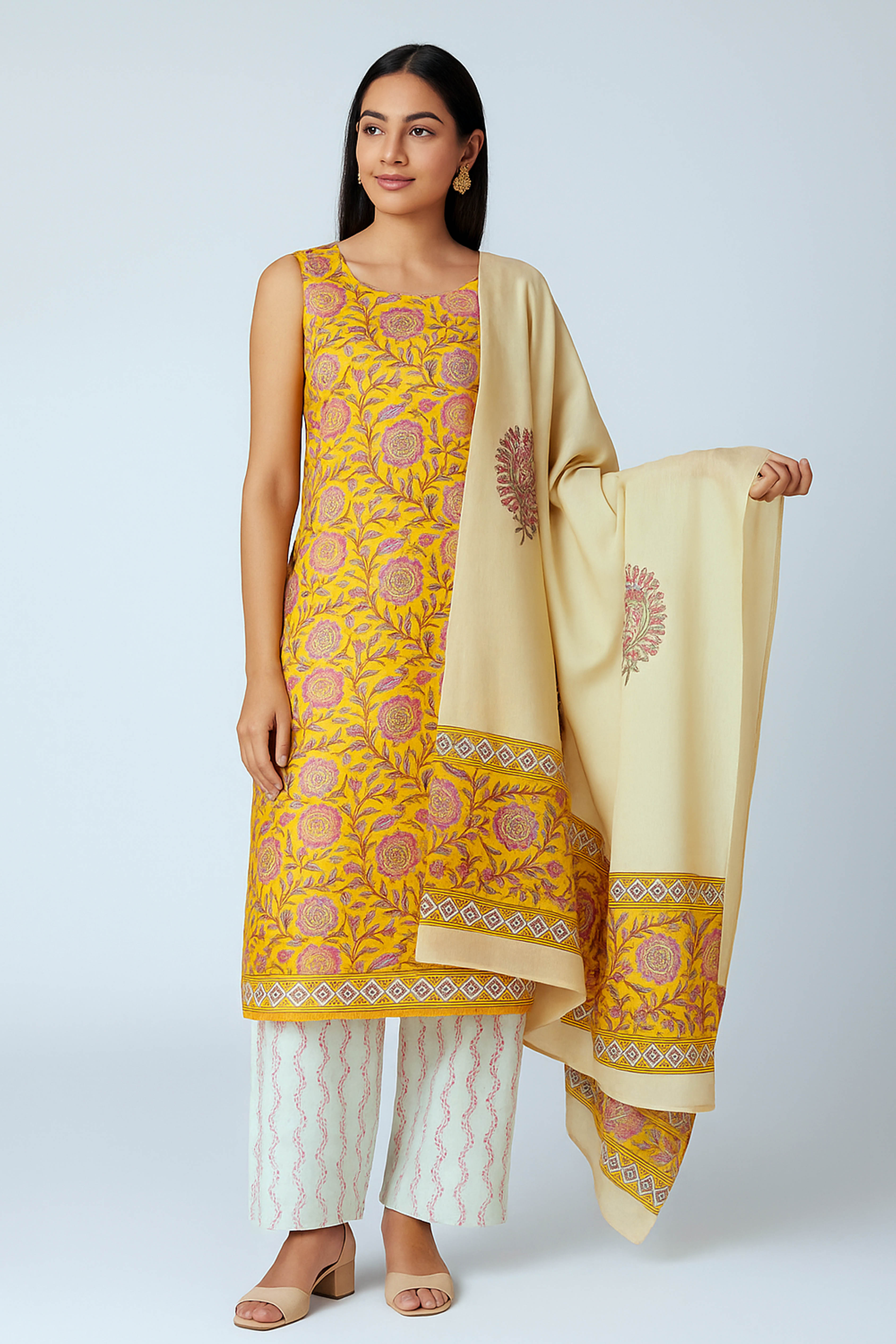 Rasa Pure Cotton Maheshwari Unstitched Suit Set, Handblock Print in Mustard Yellow with Narmada Leher Zari Border - Indian Handloomz