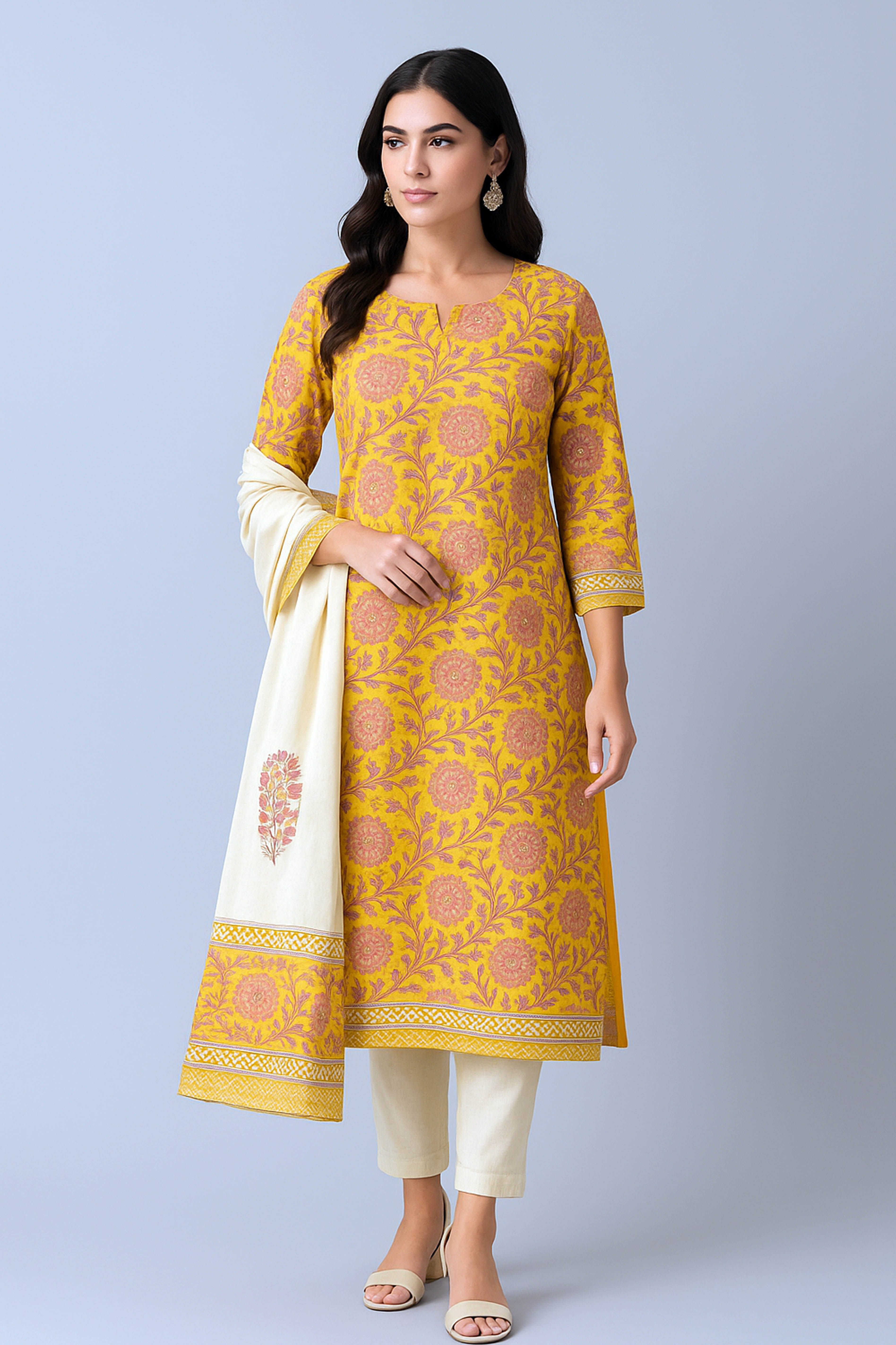 Rasa Pure Cotton Maheshwari Unstitched Suit Set, Handblock Print in Mustard Yellow with Narmada Leher Zari Border - Indian Handloomz