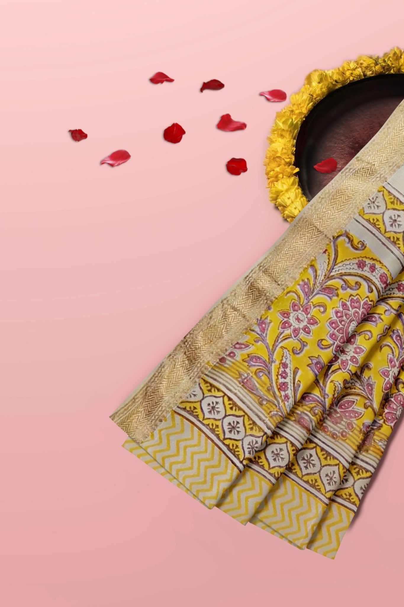 Rasa Pure Cotton Maheshwari Unstitched Suit Set, Handblock Print in Mustard Yellow with Narmada Leher Zari Border - Indian Handloomz