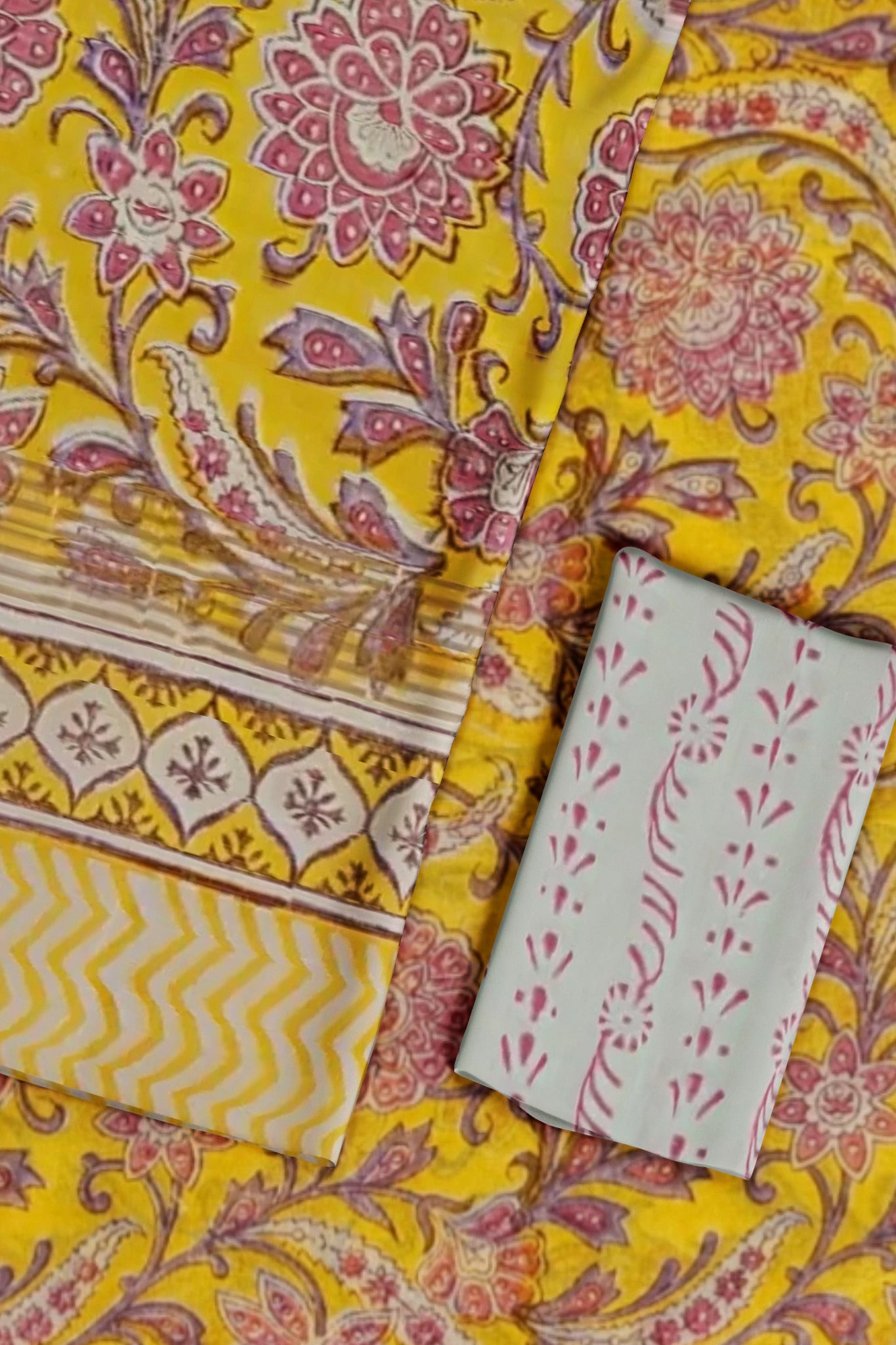 Rasa Pure Cotton Maheshwari Unstitched Suit Set, Handblock Print in Mustard Yellow with Narmada Leher Zari Border - Indian Handloomz
