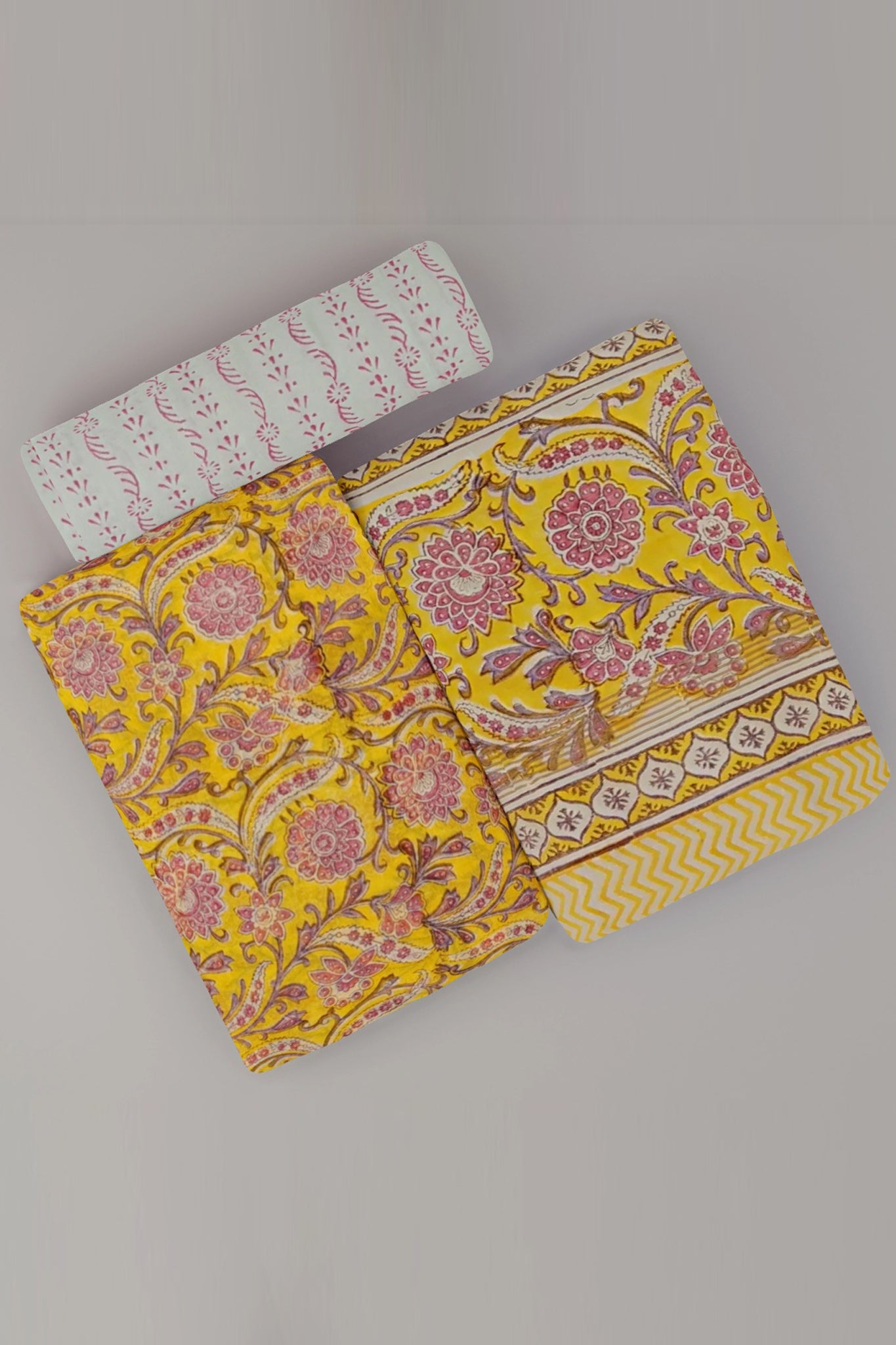 Rasa Pure Cotton Maheshwari Unstitched Suit Set, Handblock Print in Mustard Yellow with Narmada Leher Zari Border - Indian Handloomz