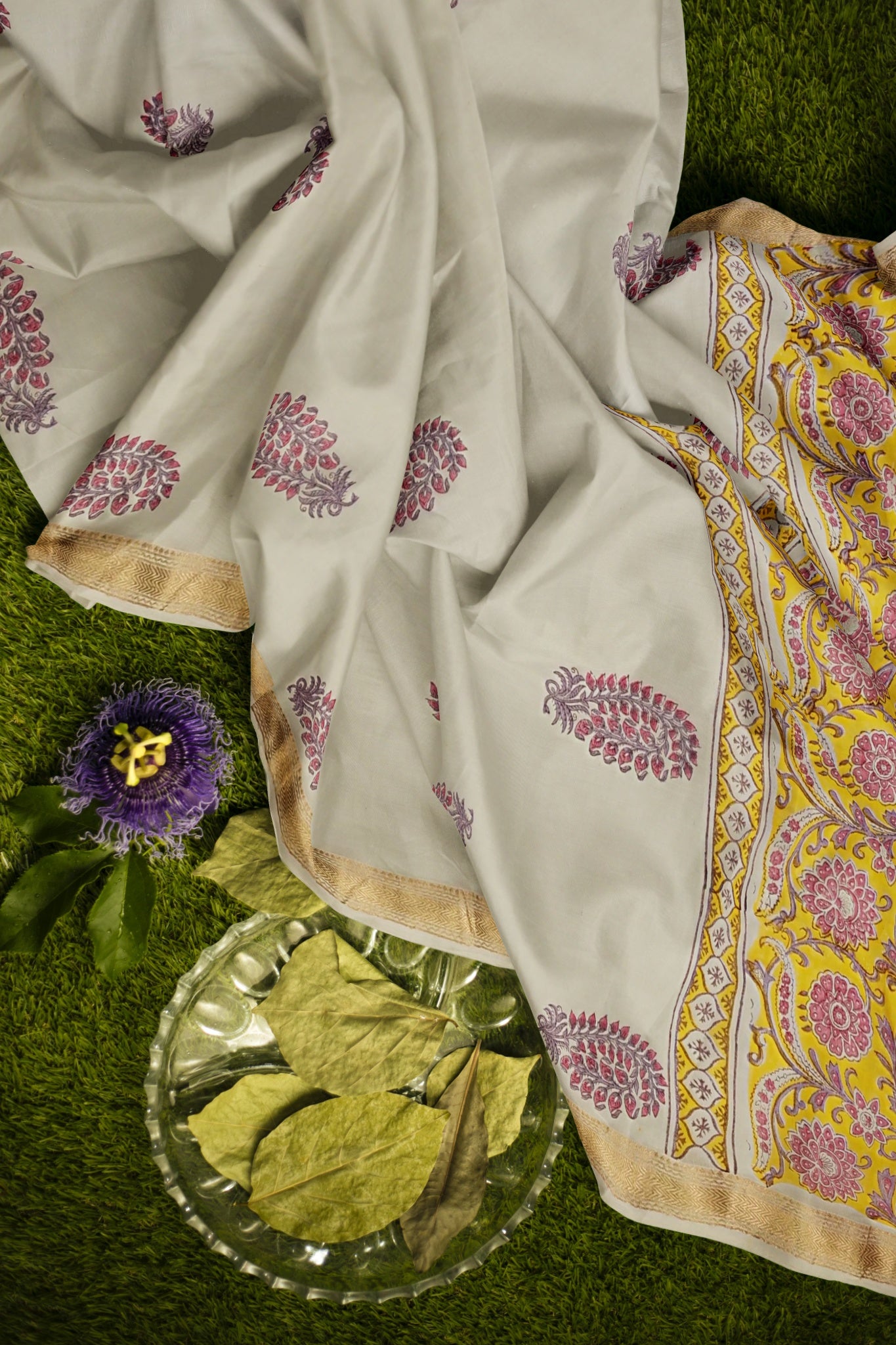 Rasa Pure Cotton Maheshwari Unstitched Suit Set, Handblock Print in Mustard Yellow with Narmada Leher Zari Border - Indian Handloomz