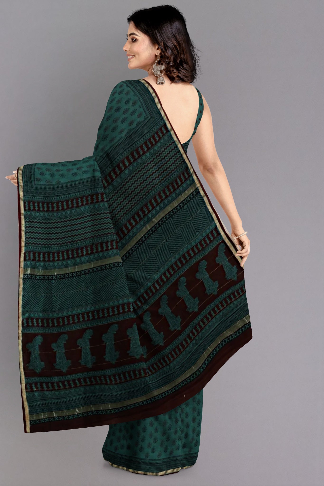 Muskan Chanderi Silk Cotton Saree Handblock Bagh Printed in Rama Green Colour with Zari Border - Indian Handloomz
