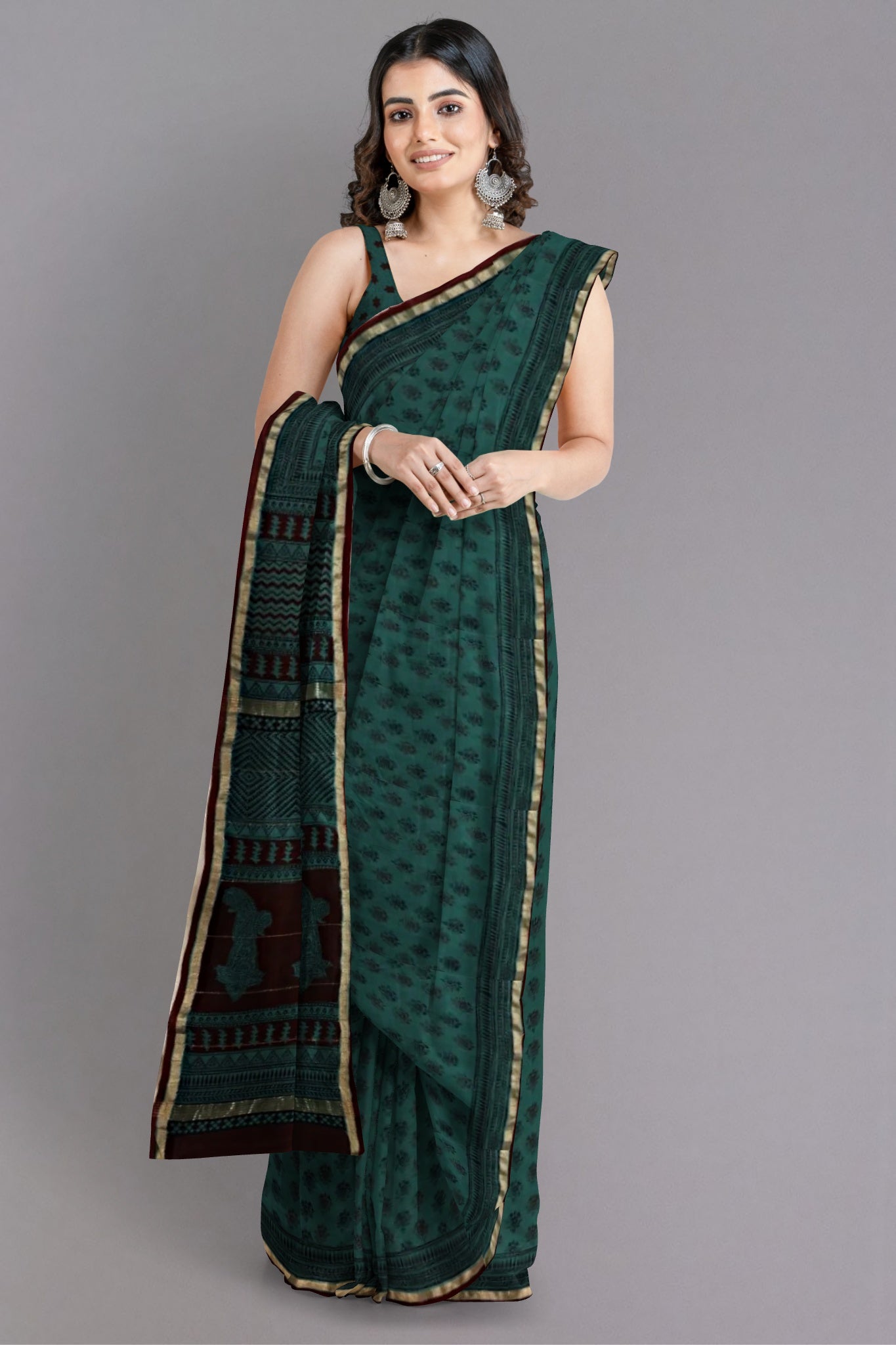 Muskan Chanderi Silk Cotton Saree Handblock Bagh Printed in Rama Green Colour with Zari Border - Indian Handloomz