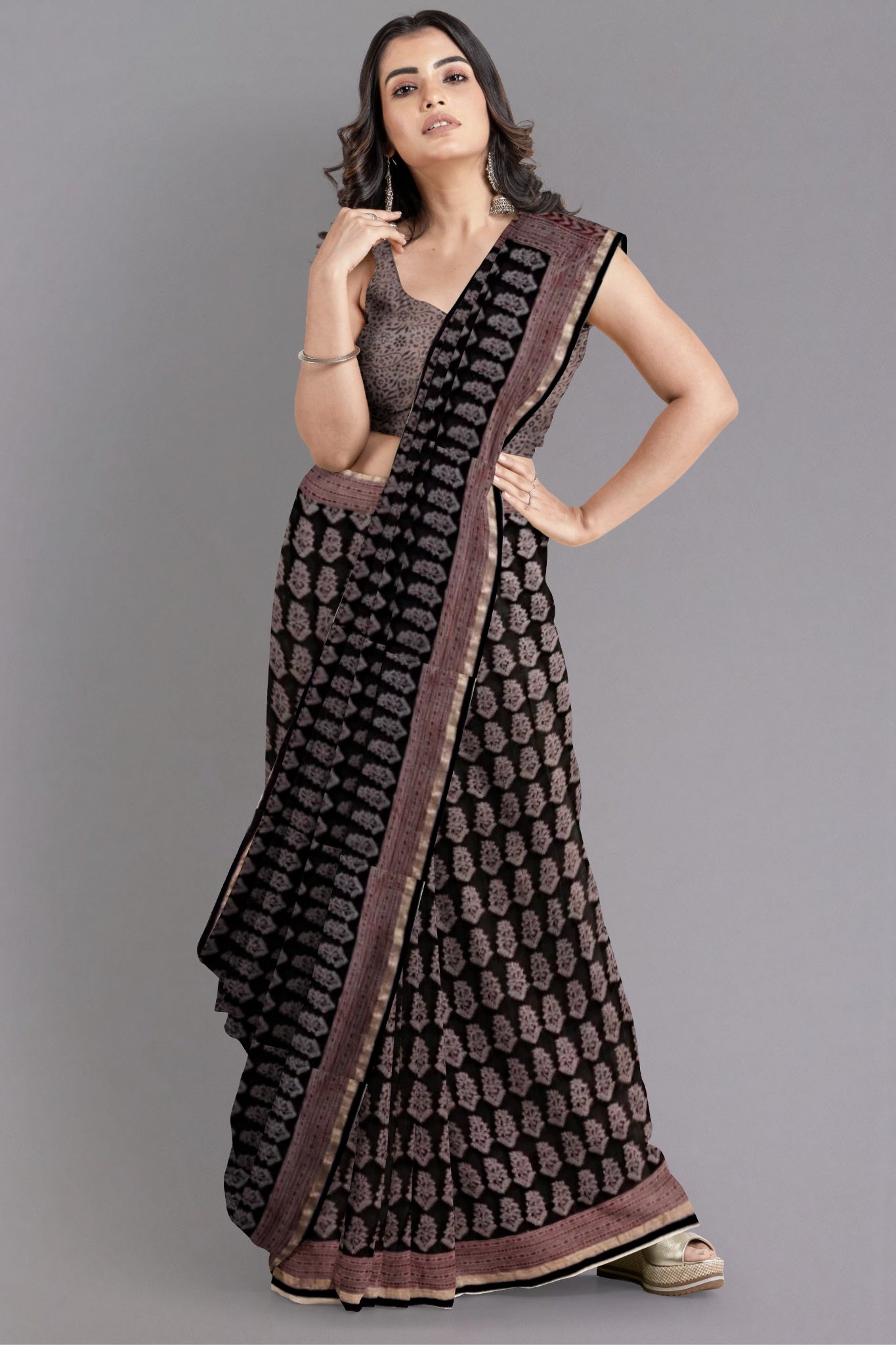Kyra Chanderi Silk Cotton Saree Bagh Print in Black with Handblock Motif in Purplish Pink Colour - Indian Handloomz