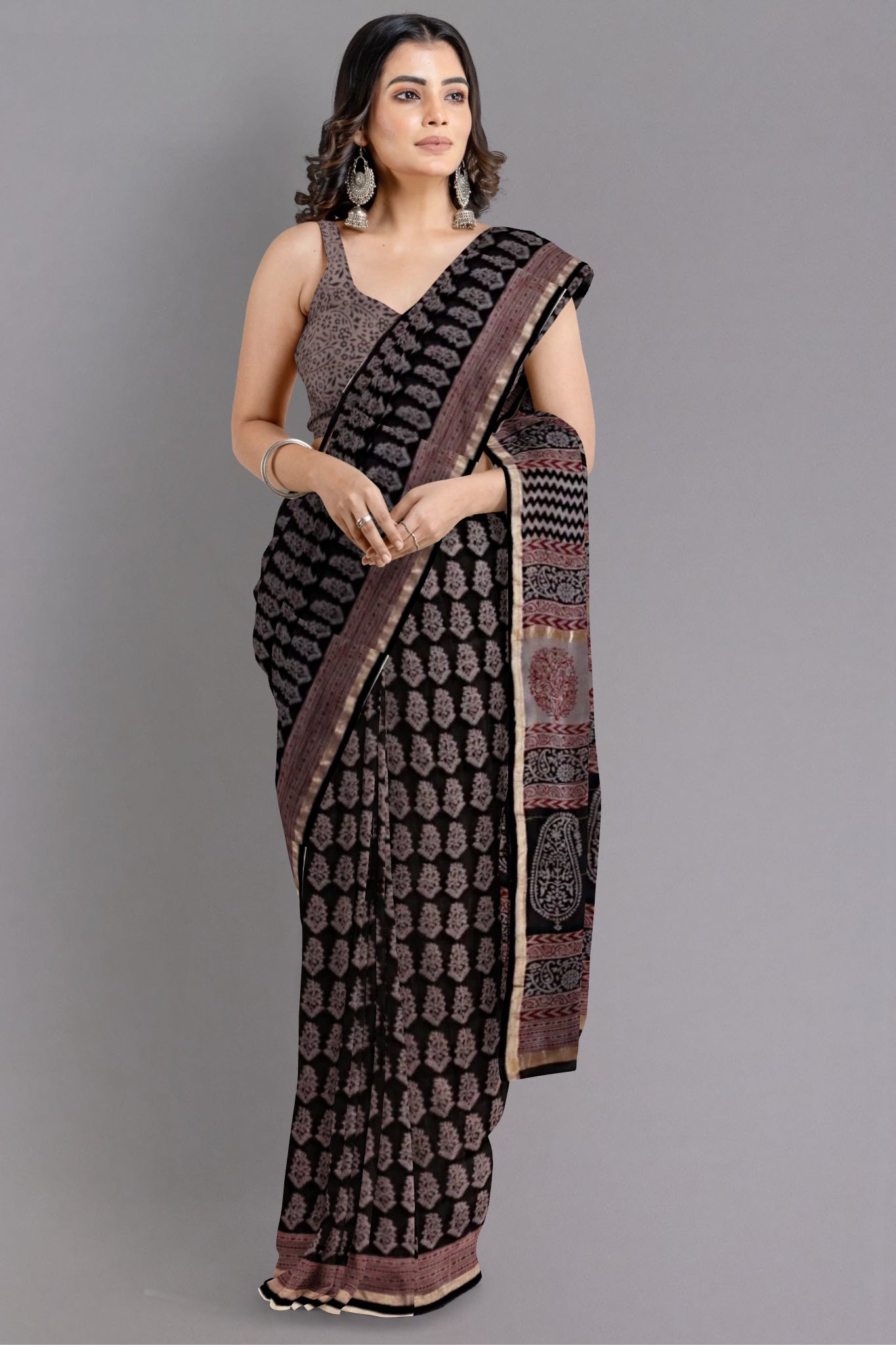 Kyra Chanderi Silk Cotton Saree Bagh Print in Black with Handblock Motif in Purplish Pink Colour - Indian Handloomz