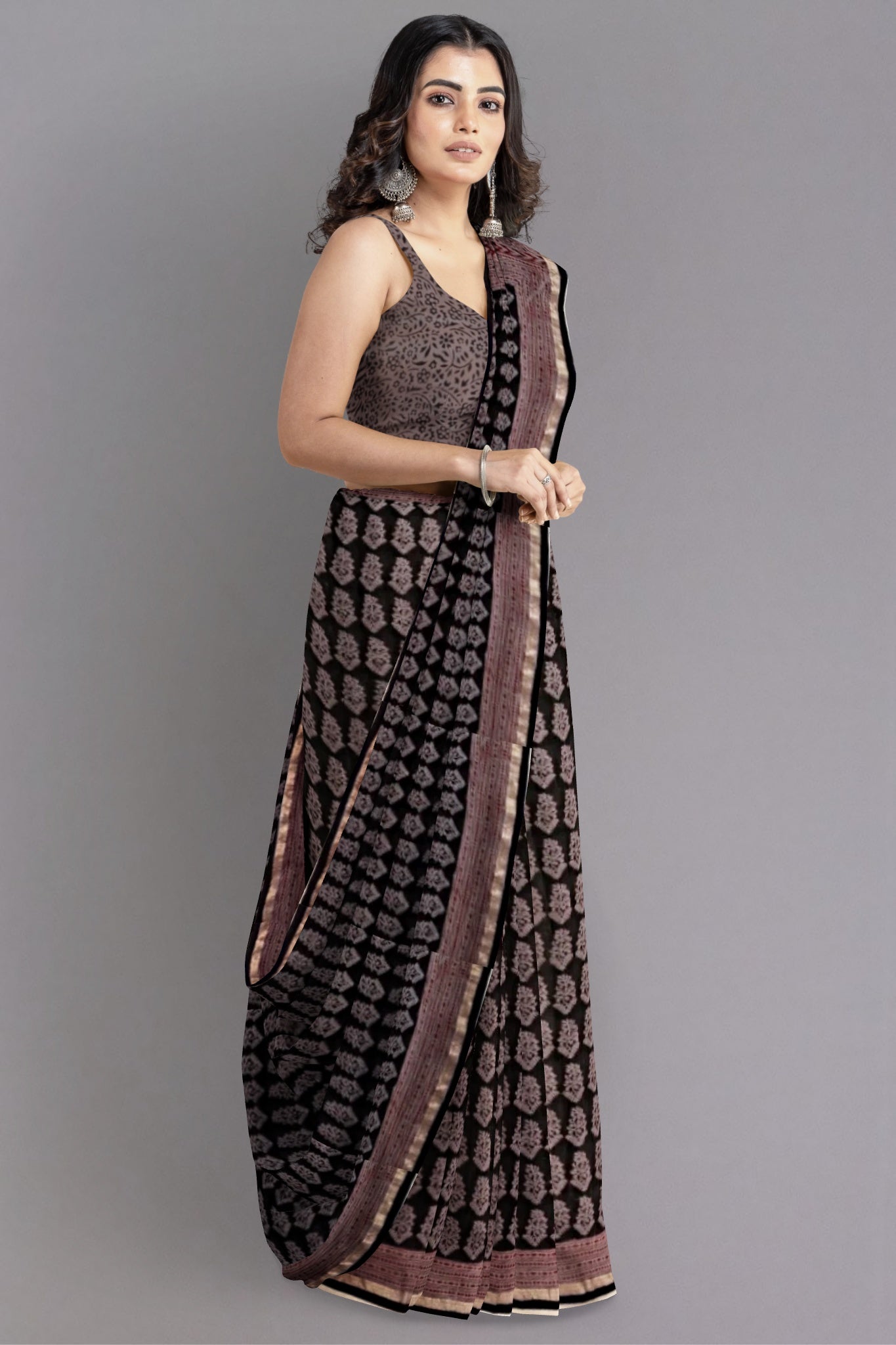 Kyra Chanderi Silk Cotton Saree Bagh Print in Black with Handblock Motif in Purplish Pink Colour - Indian Handloomz