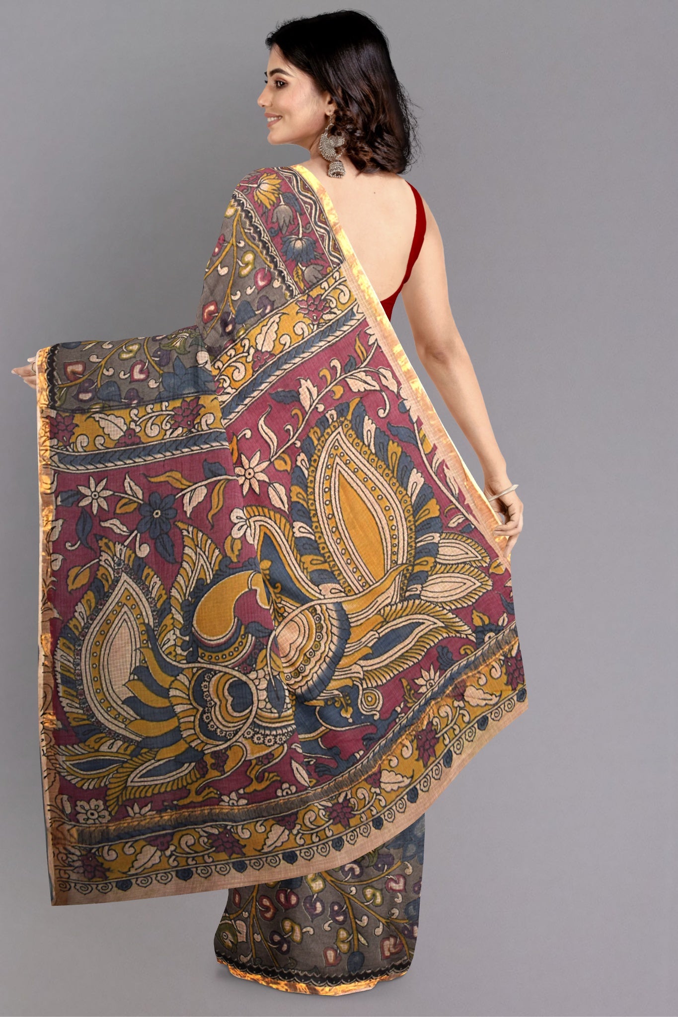 Saisha Kalamkari Saree Handblock Printed in Multicolour with Hues of Grey, Maroon, Blue & Yellow - Indian Handloomz