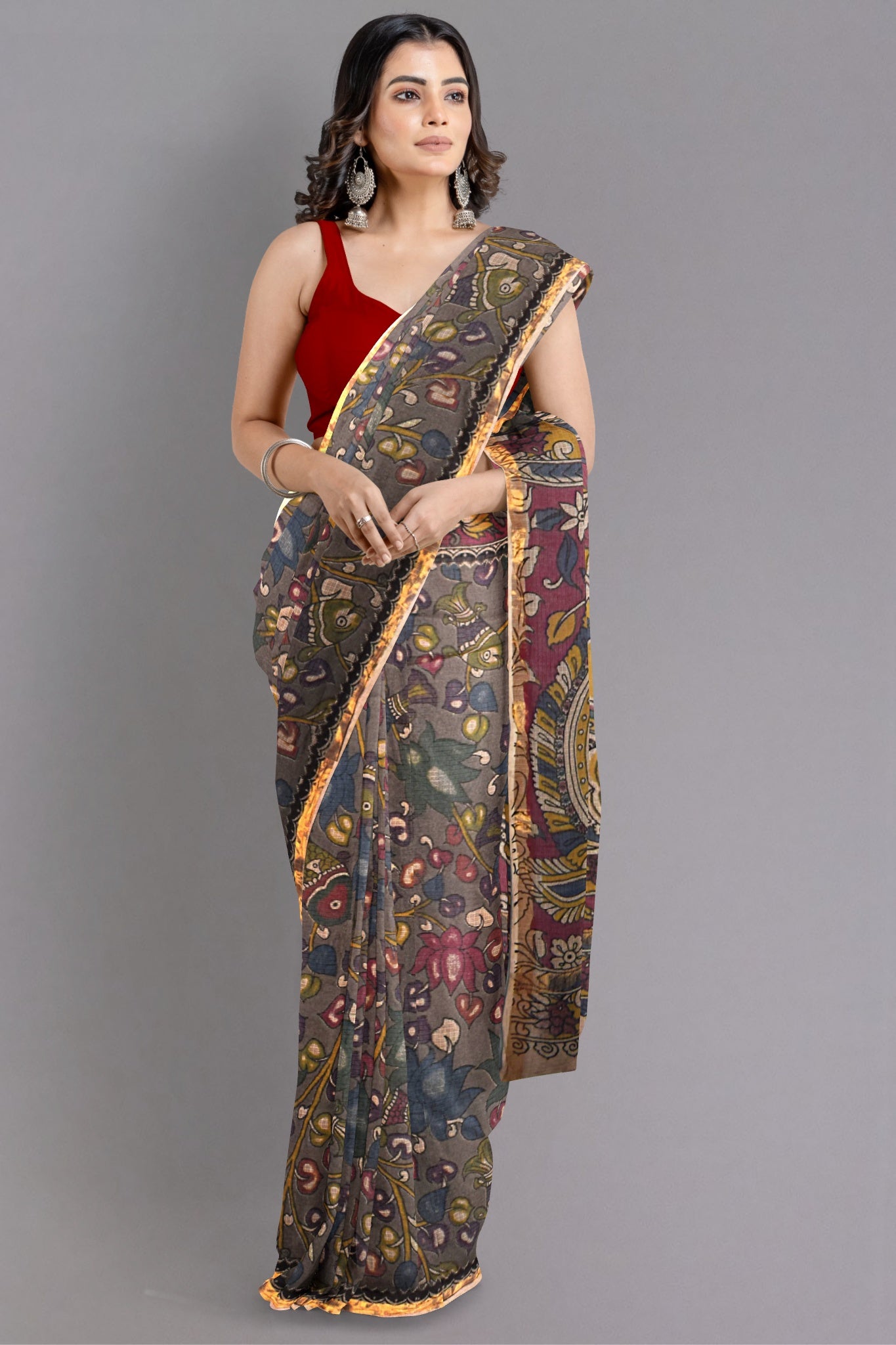 Saisha Kalamkari Saree Handblock Printed in Multicolour with Hues of Grey, Maroon, Blue & Yellow - Indian Handloomz