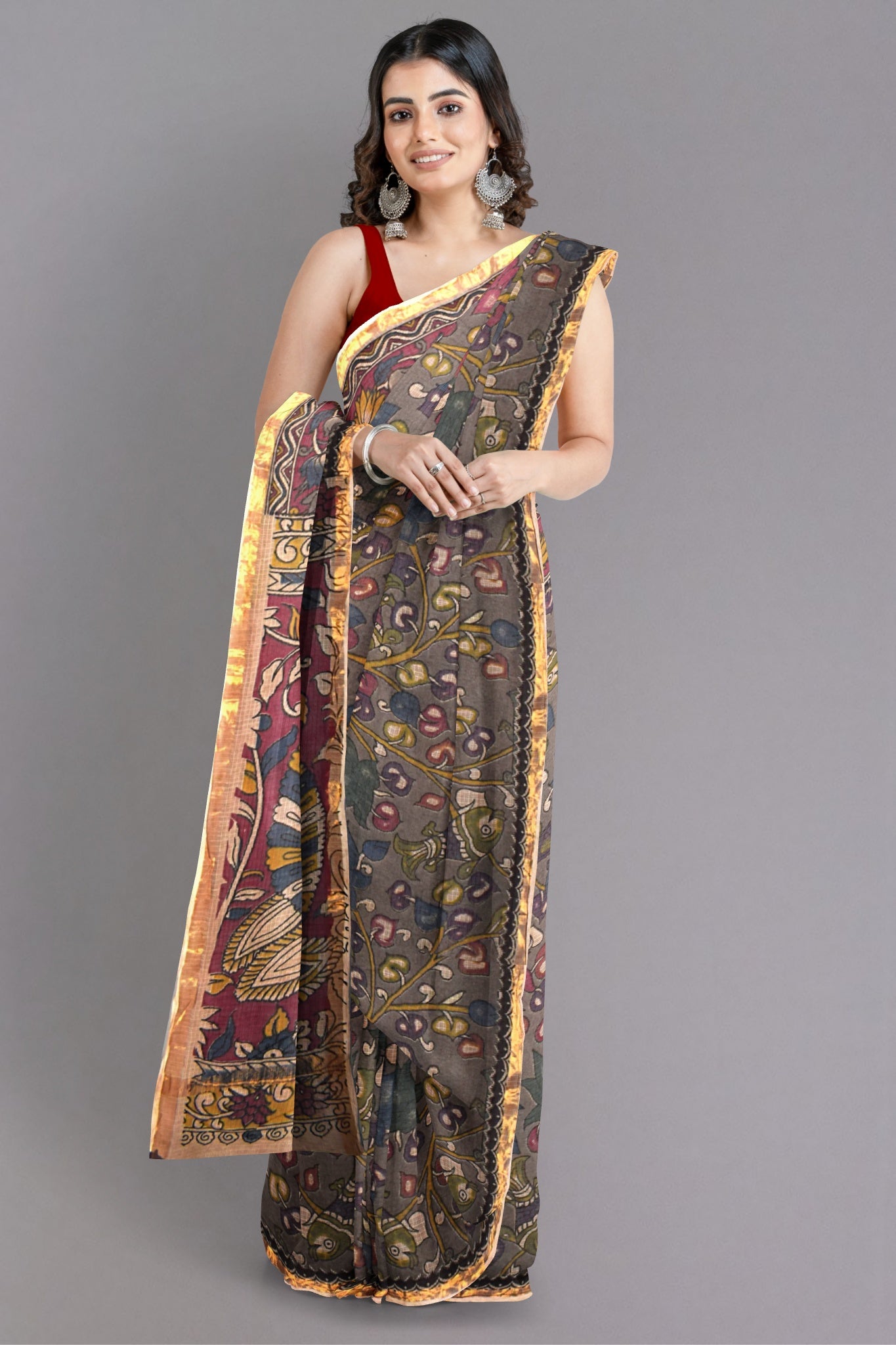 Saisha Kalamkari Saree Handblock Printed in Multicolour with Hues of Grey, Maroon, Blue & Yellow - Indian Handloomz