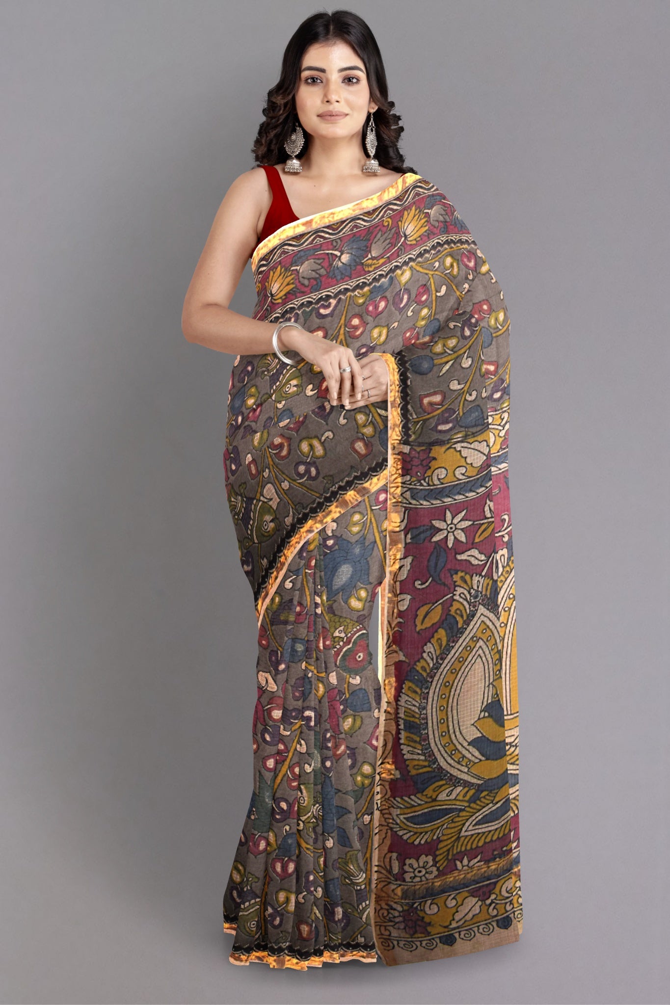 Saisha Kalamkari Saree Handblock Printed in Multicolour with Hues of Grey, Maroon, Blue & Yellow - Indian Handloomz
