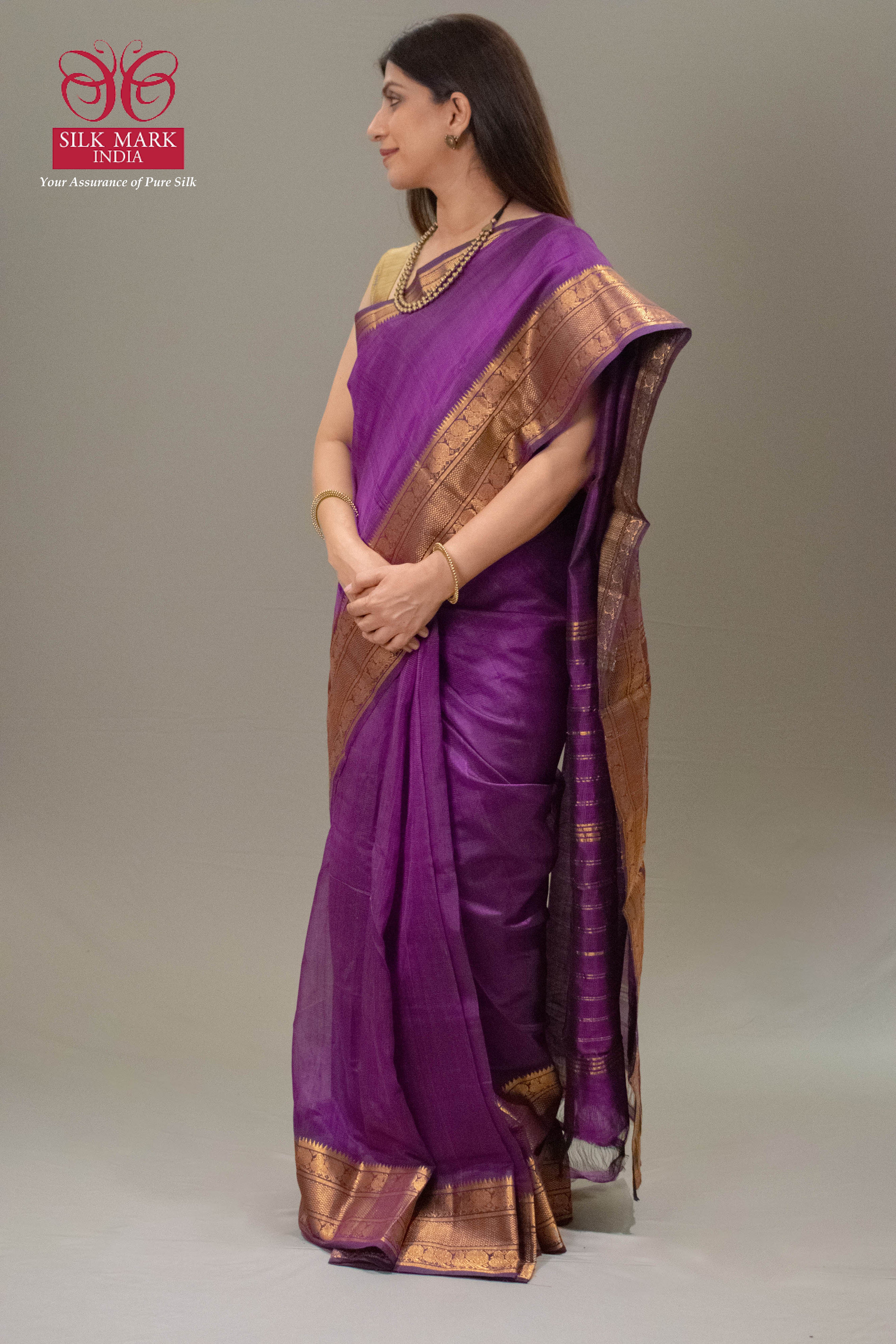 Aarunya Pure Venkatagiri Silk Pattu Saree in Aubergine Purple Colour with Golden Gadwal Border - Indian Handloomz