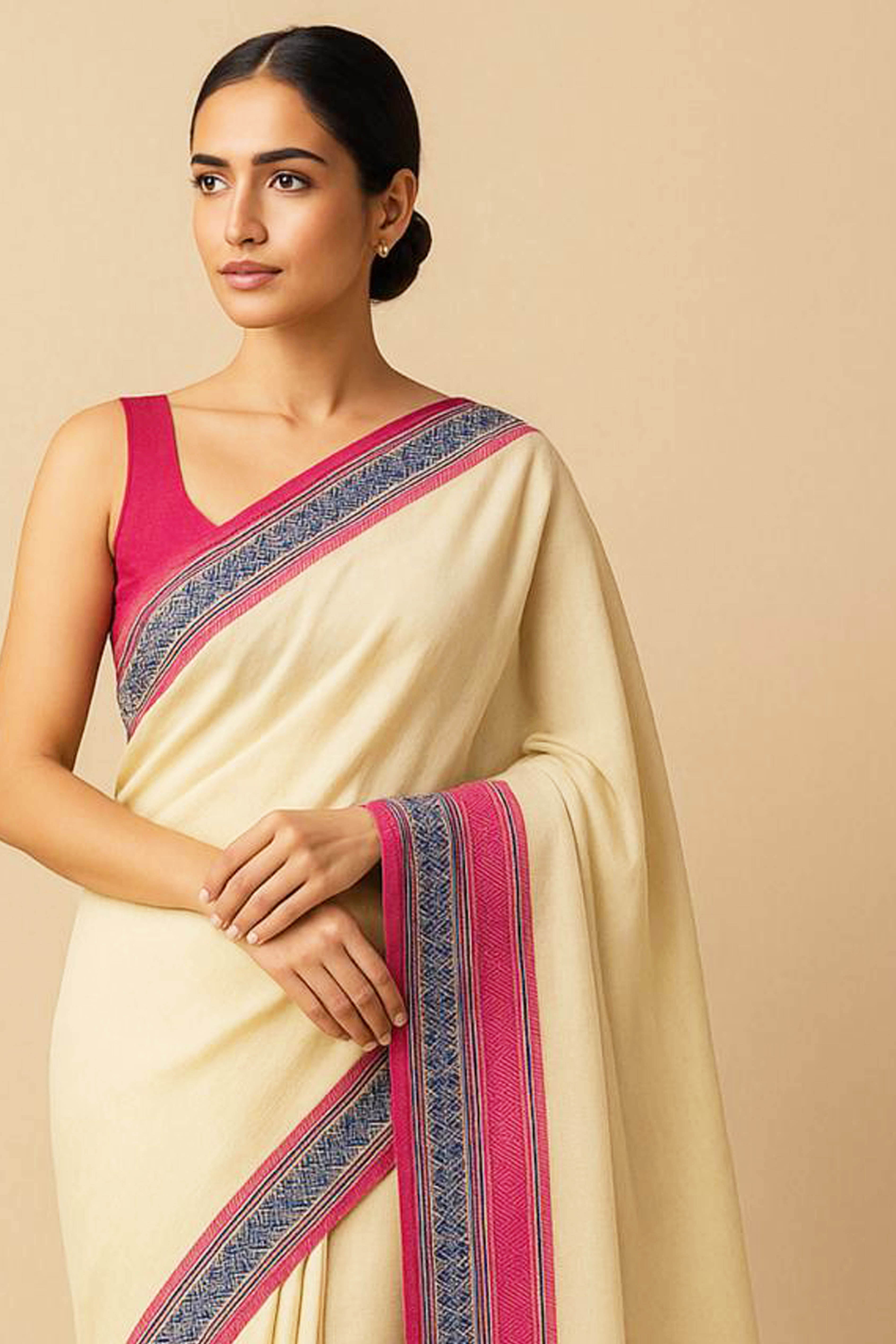 Ivory Jamdani Pure Cotton Saree - Indian Handloomz