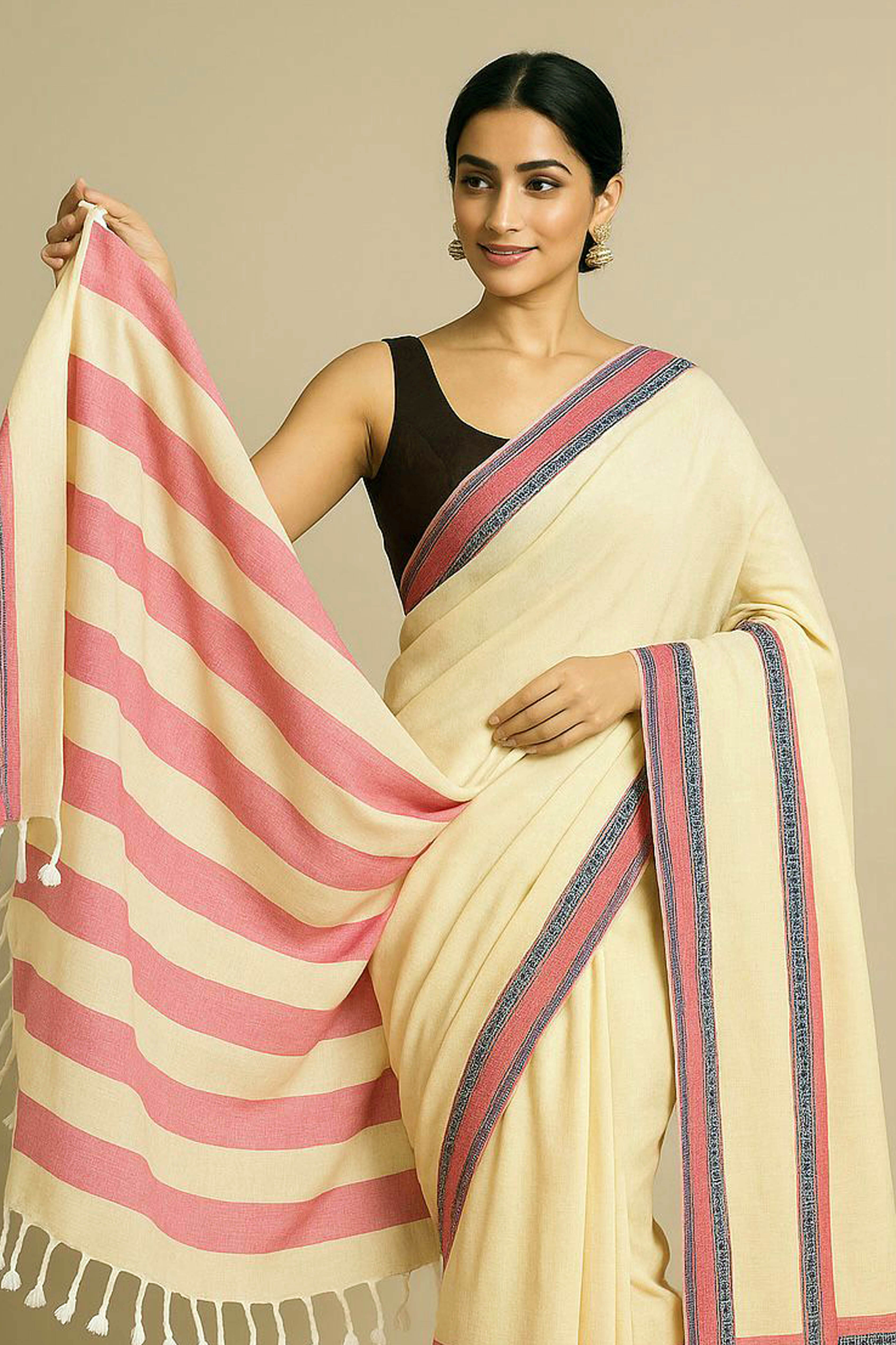 Ivory Jamdani Pure Cotton Saree - Indian Handloomz