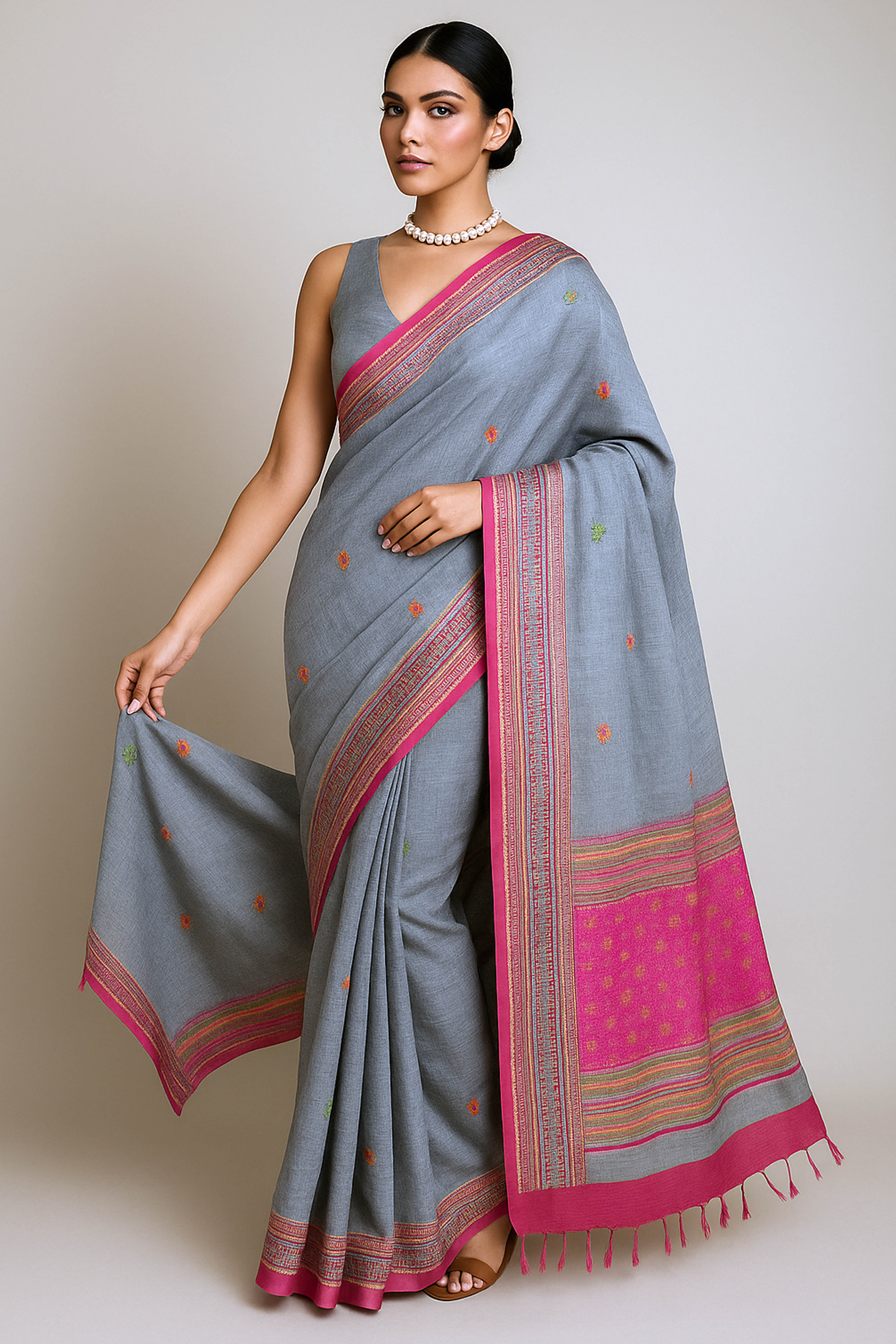 Rashmita Jamdani Assam Cotton Saree in Grey, Pink and Green Colour
