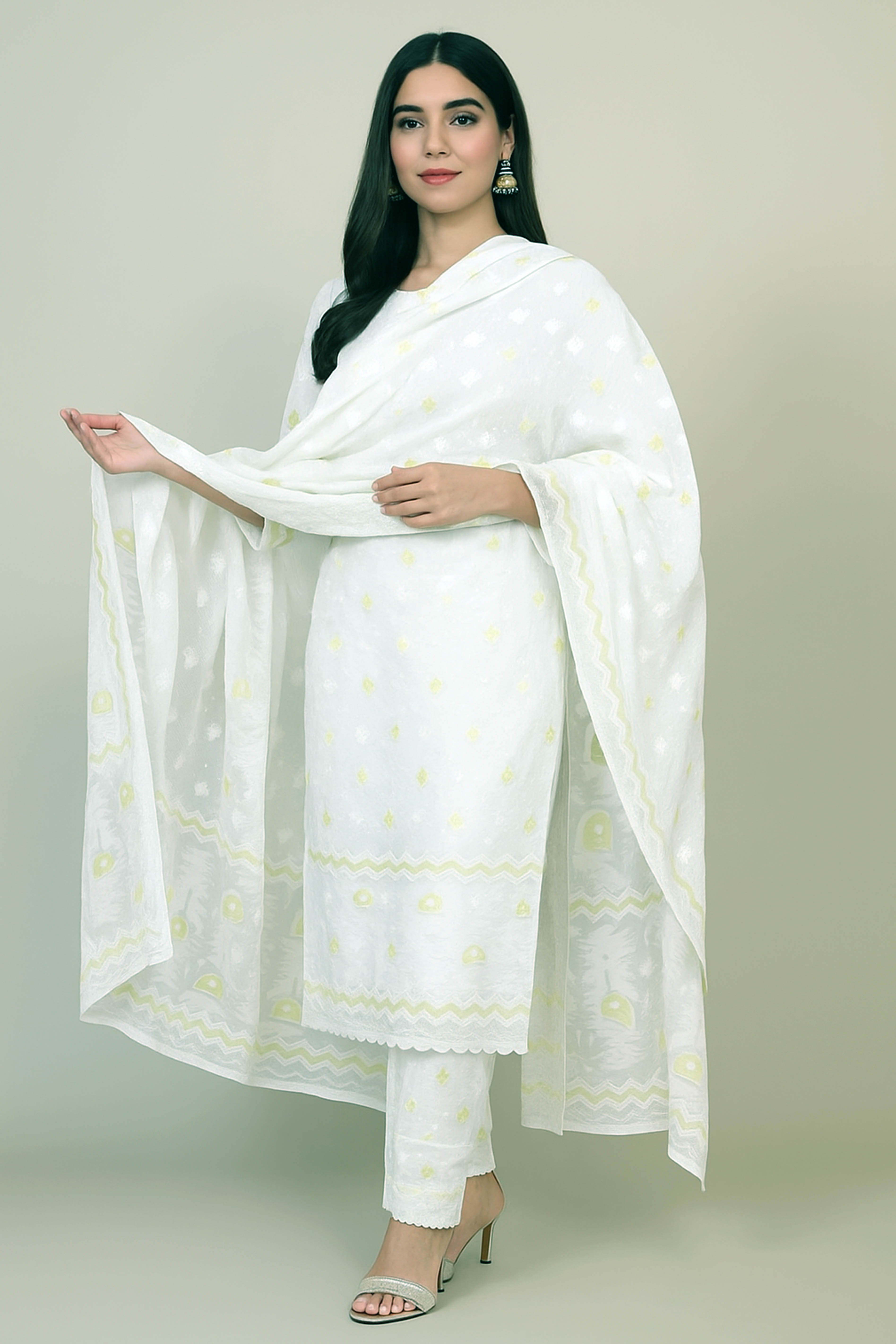 Eda Cotton Silk Unstitched Suit Set in White Colour with Greenish Golden Jamdani Weave - Indian Handloomz