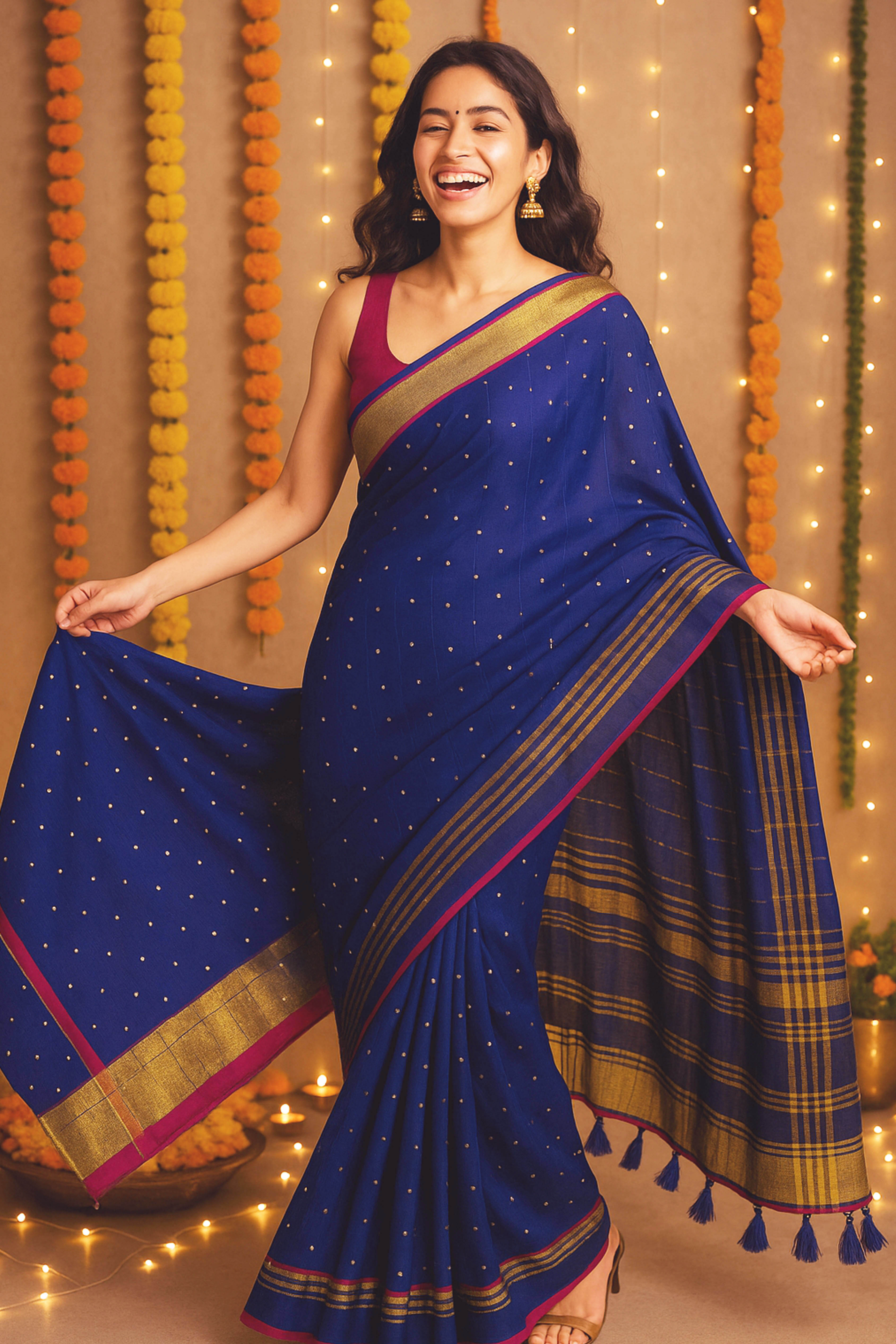 Pure Mul Cotton Saree in Blue Colour with Sequins - Indian Handloomz
