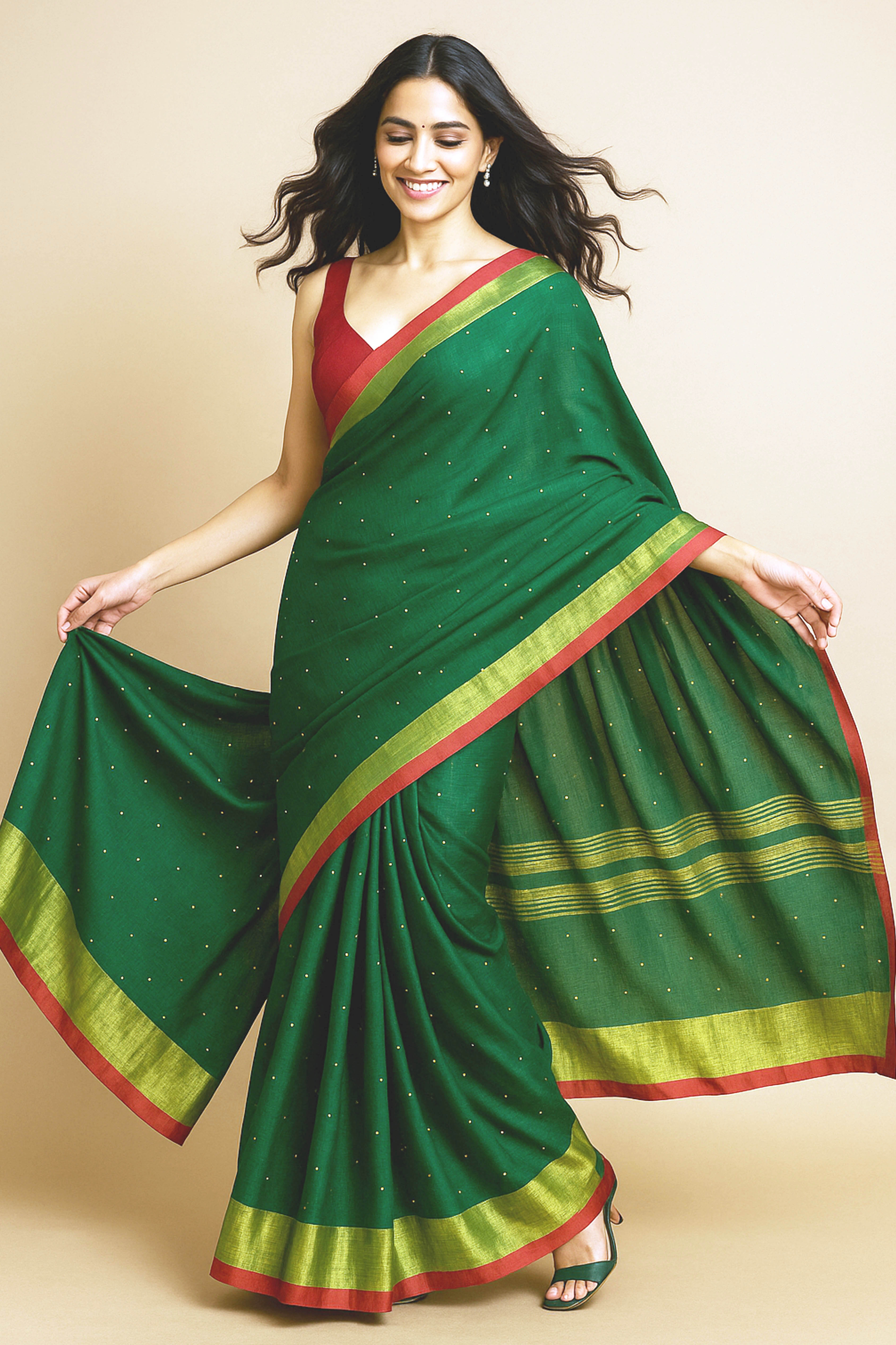 Pure Mul Cotton Saree in Green Colour with Sequins - Indian Handloomz
