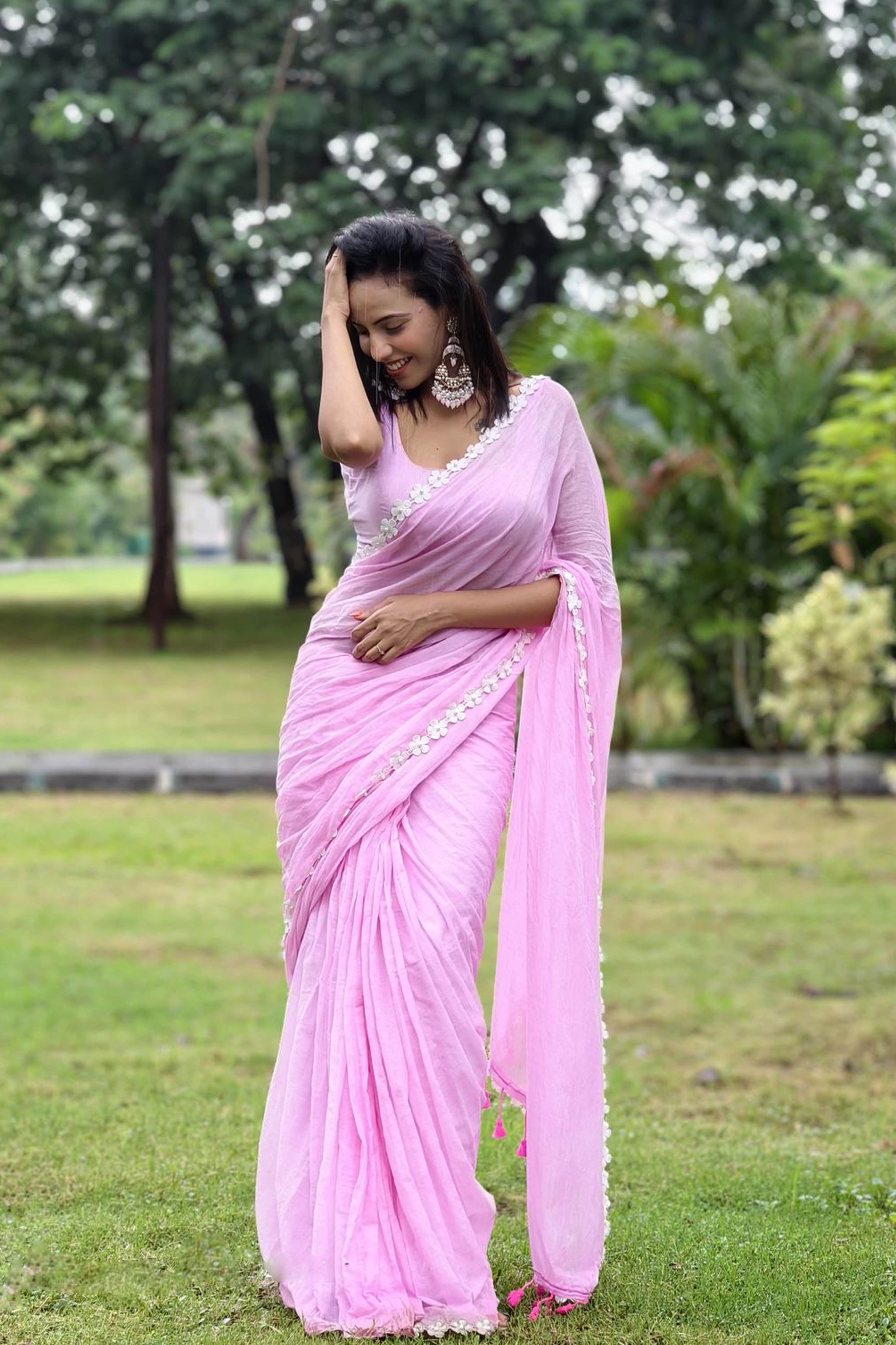 Pure Mul Cotton Saree in Pink with White Floral Lace