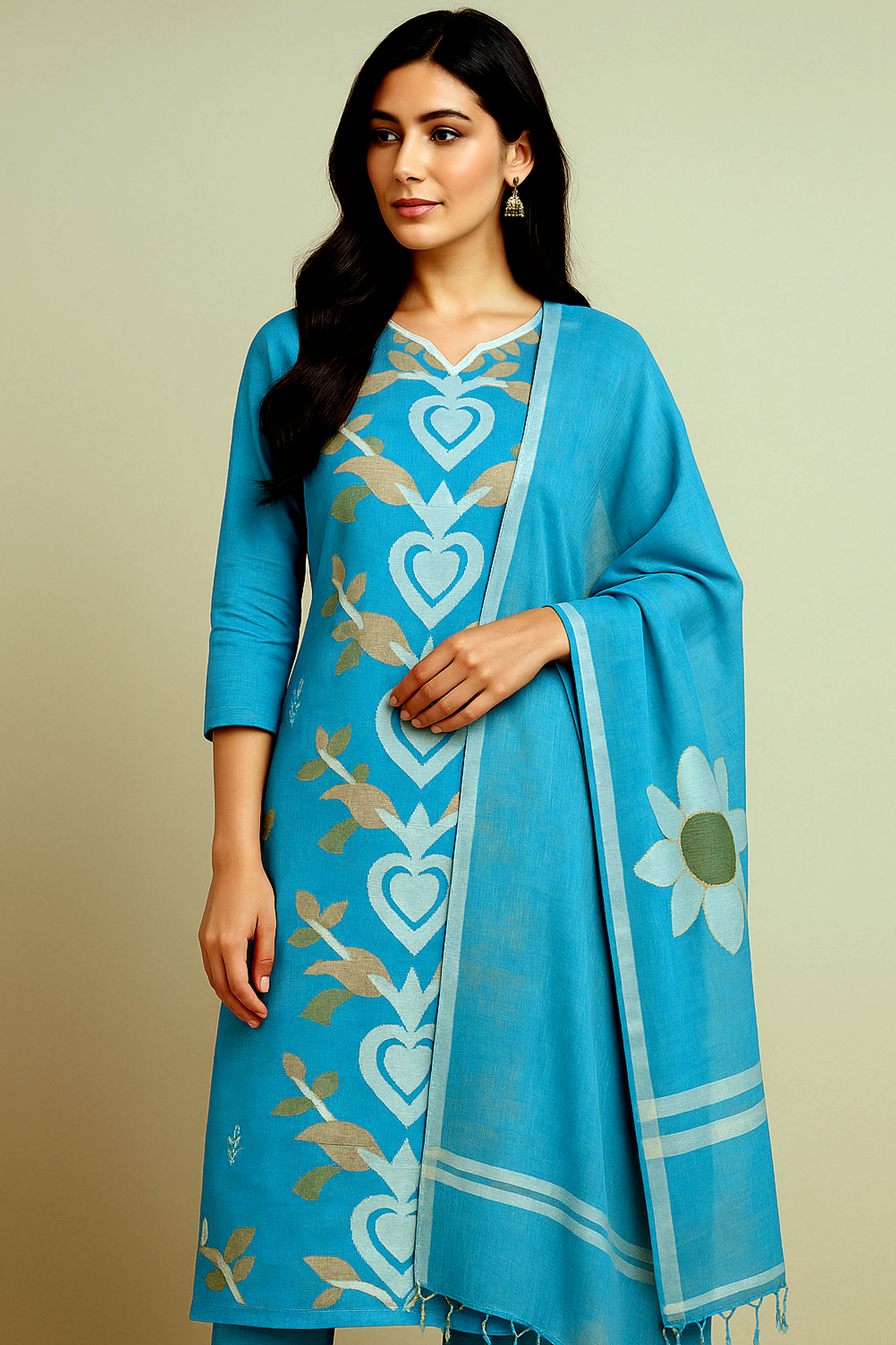 Gokula Muslin Organza Unstitched Suit Set in Sky Blue with White Motifs & Jamdani Weave - Indian Handloomz