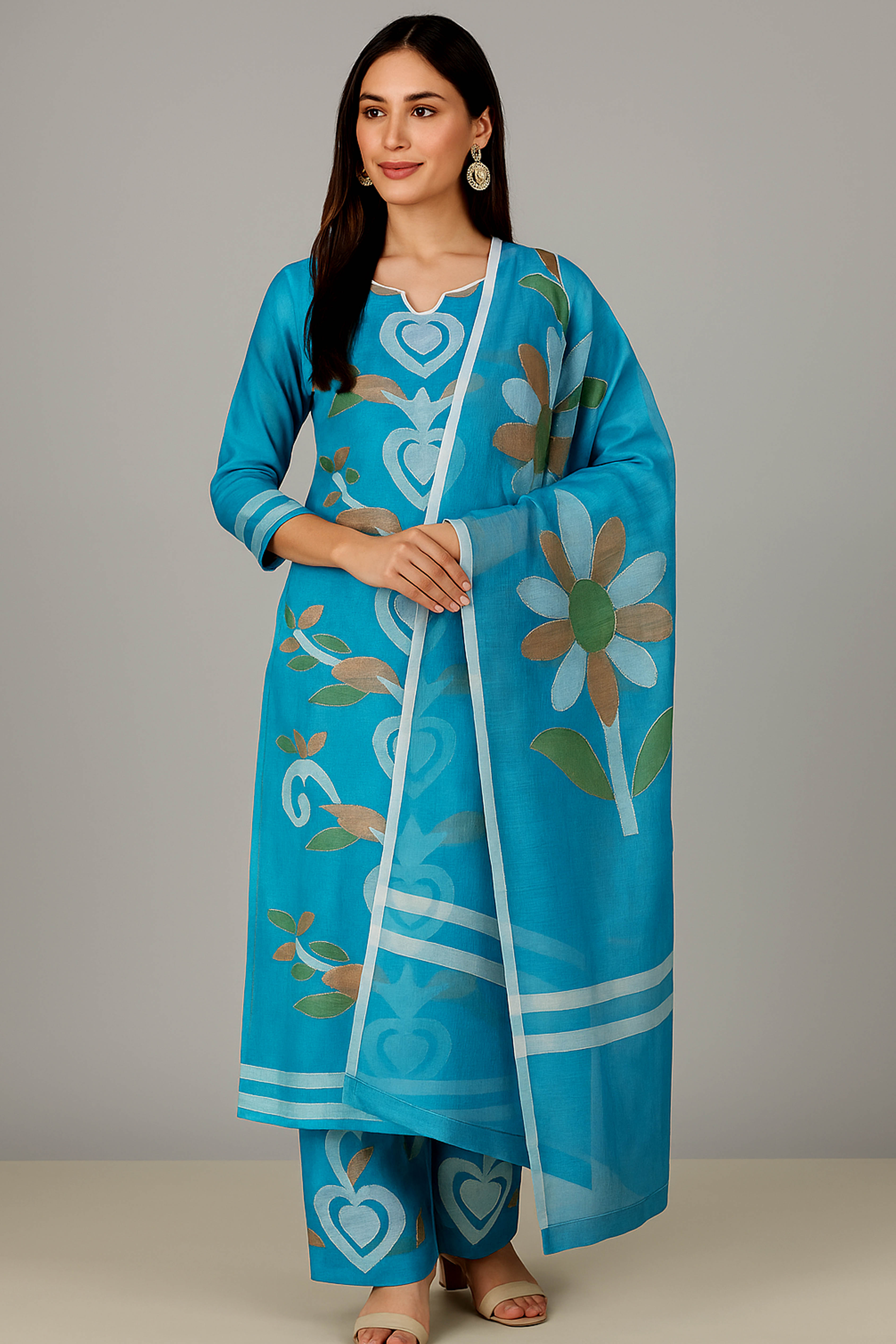 Gokula Muslin Organza Unstitched Suit Set in Sky Blue with White Motifs & Jamdani Weave - Indian Handloomz